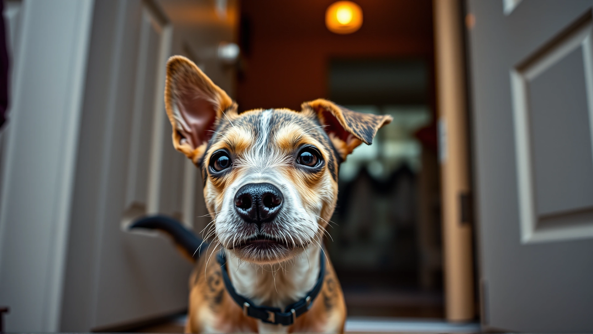 Close-up of a small terrier mix with ears flattened and tail tucked, looking nervously toward an opened doorway from inside a house.