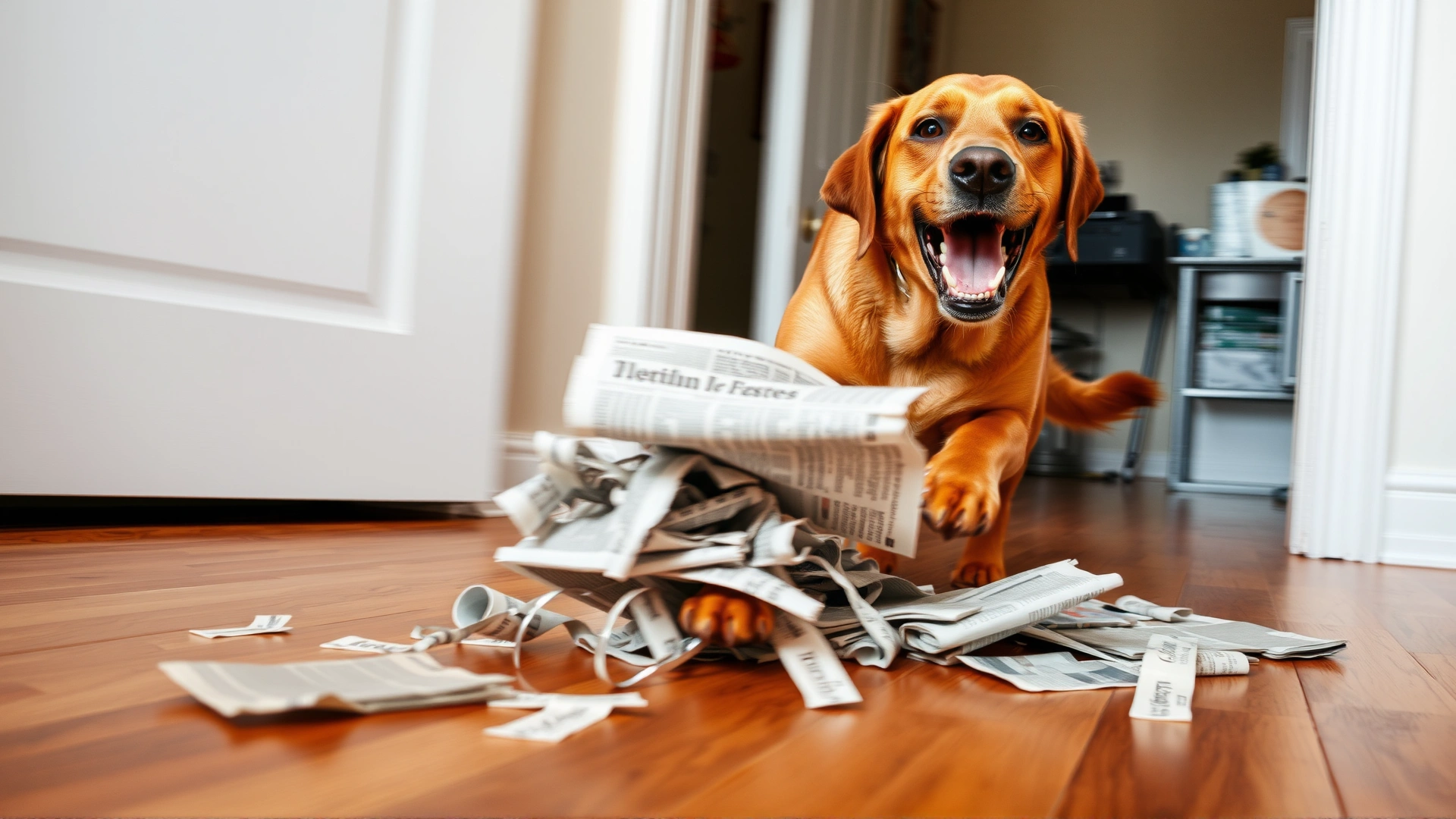 Brown Labrador happily shredding newspaper pieces on a hardwood floor, mid-action with motion blur.