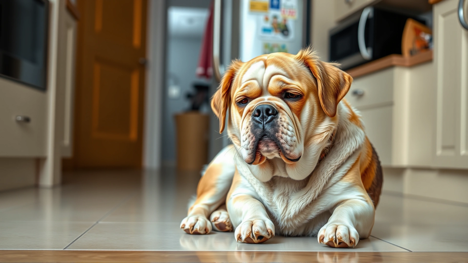 A medium-sized dog looking uncomfortable, sitting on a kitchen floor, implying stomach distress.