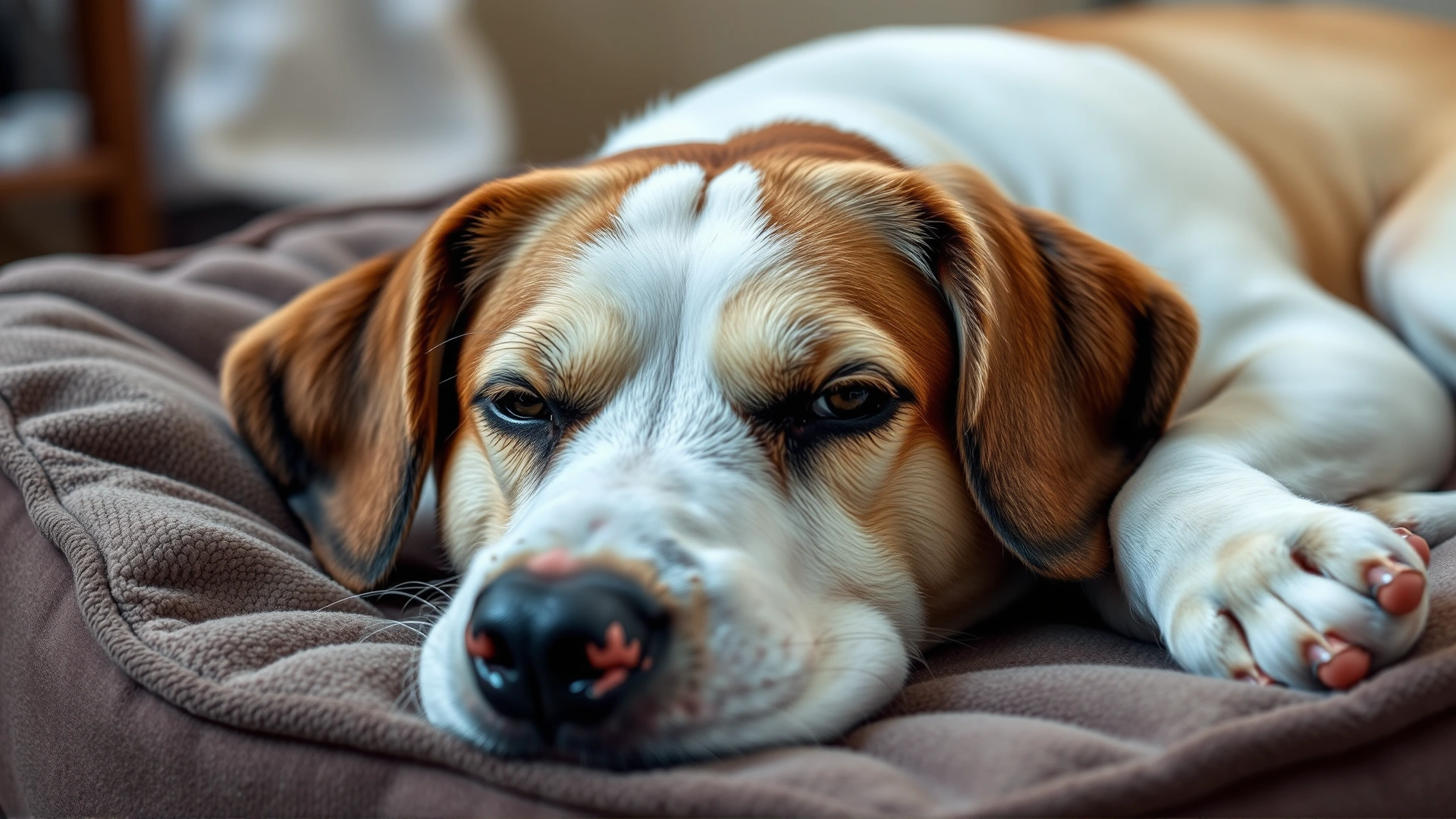 A lethargic dog lying on a dog bed with droopy eyes, suggesting illness.