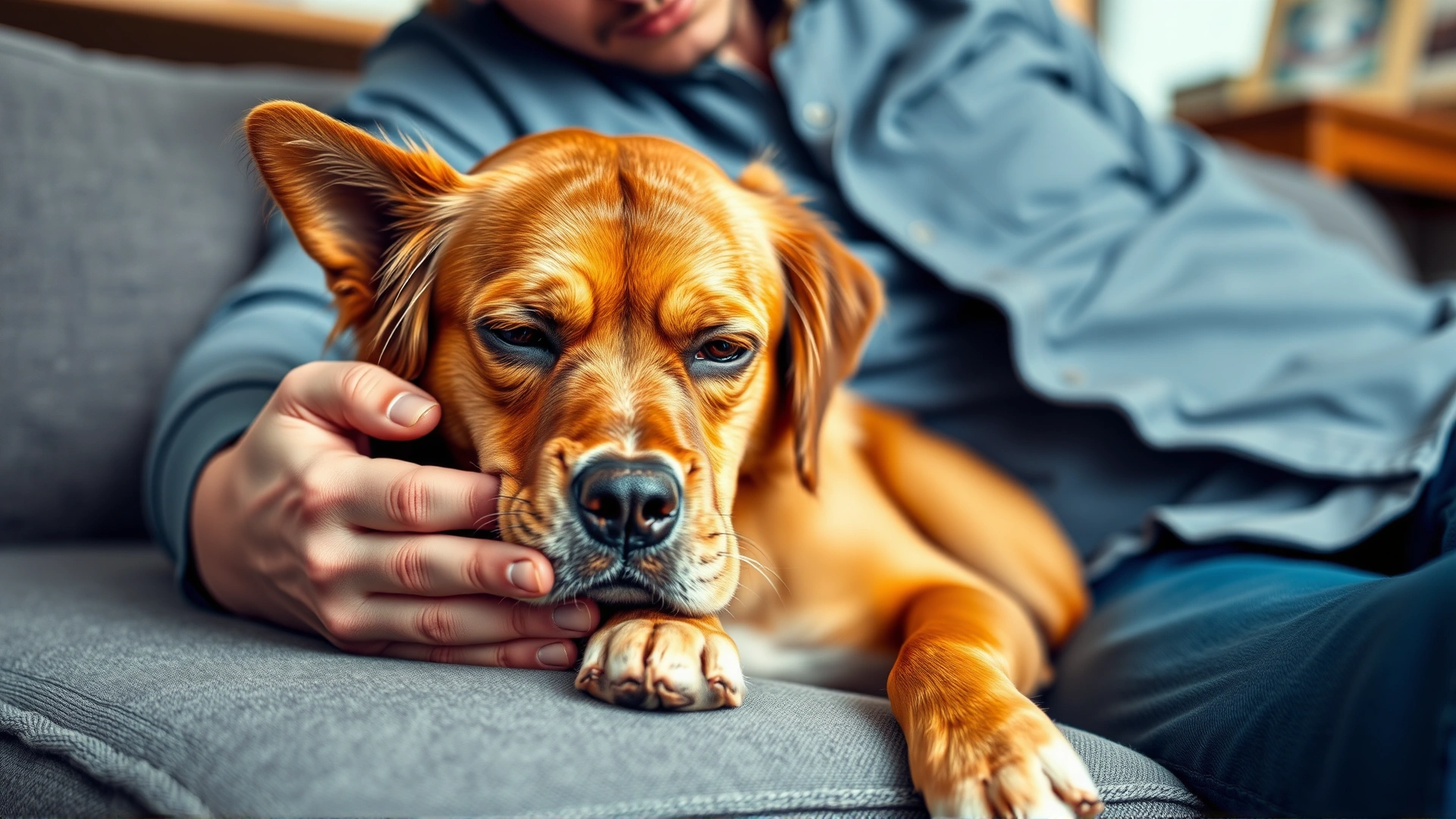 Concerned owner comforting a dog lying on a sofa looking nauseous, representing potential side effects of medication