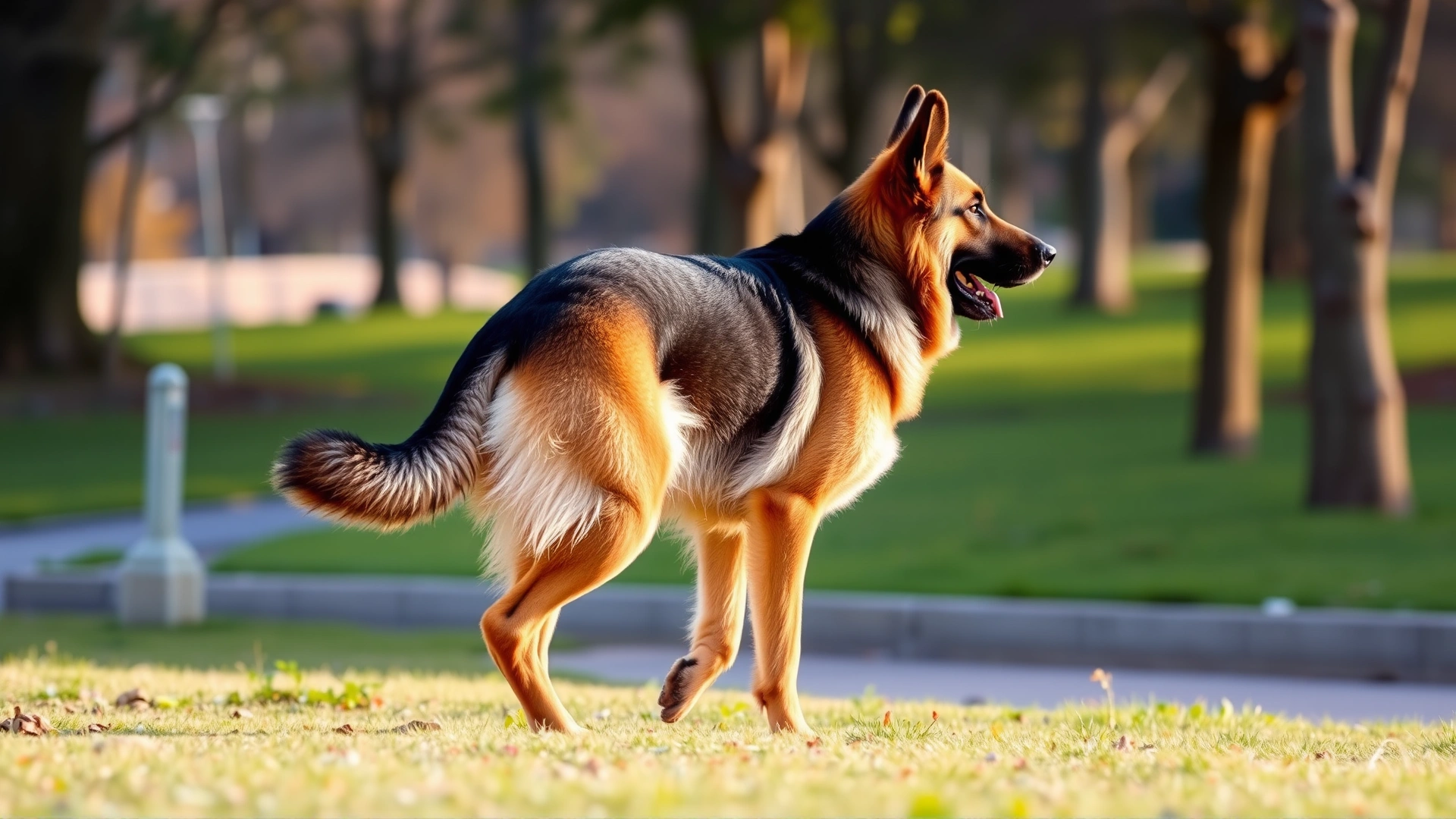 Side profile shot of a German Shepherd walking slowly, favoring one hind leg, in an outdoor park setting.