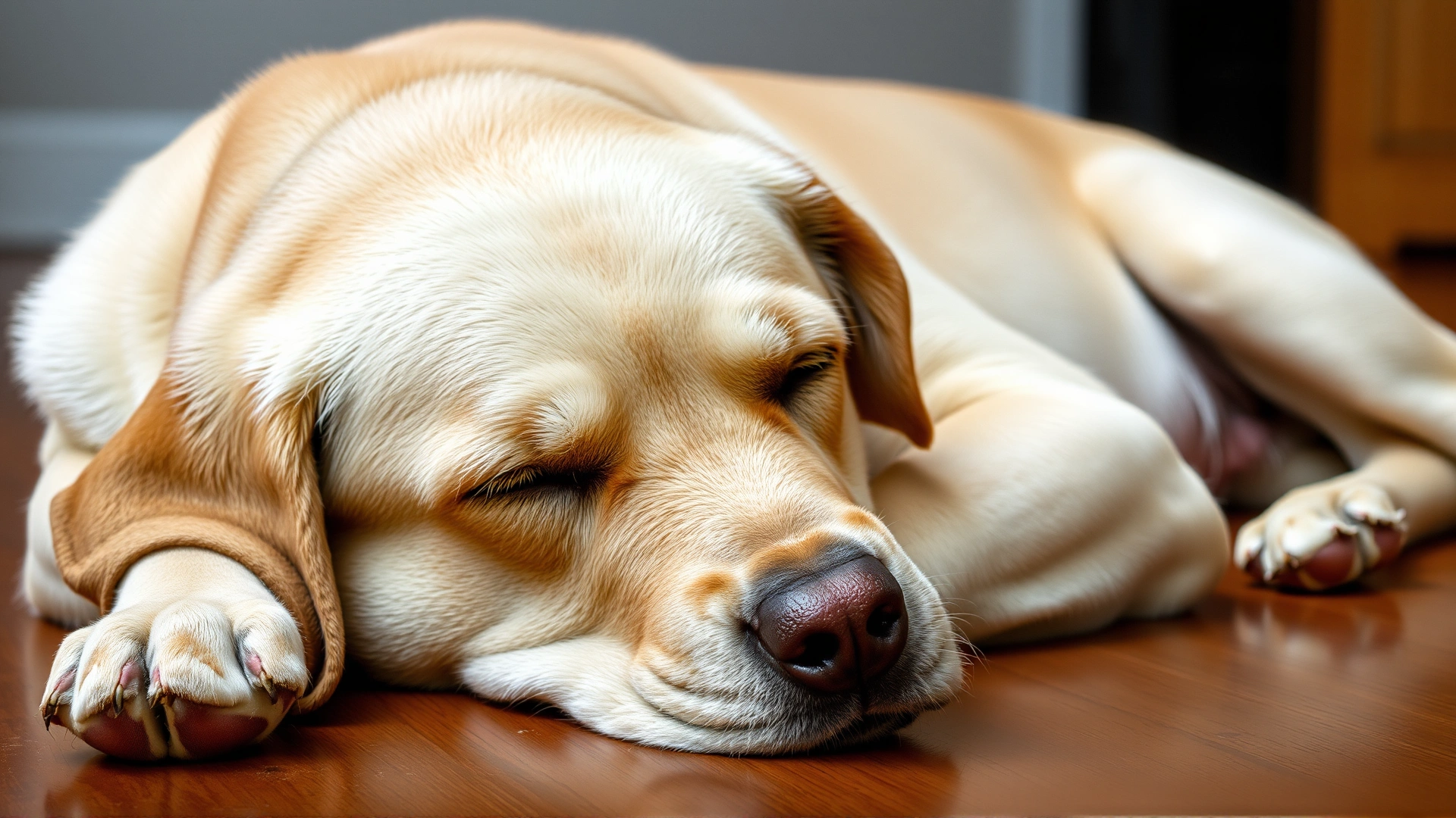 Medium shot of a Labrador retriever reclining on a wooden floor, exhaling softly with eyes half-closed, illustrating the act of sighing.
