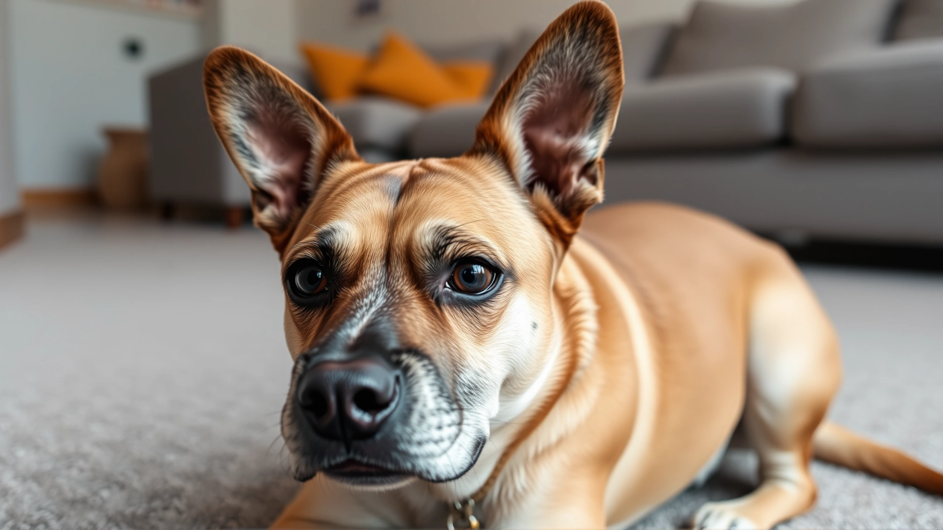 Close-up of a medium-sized mixed-breed dog with ears slightly back and tail tucked, looking anxious while sitting on a living-room floor, neutral background, high-detail photo