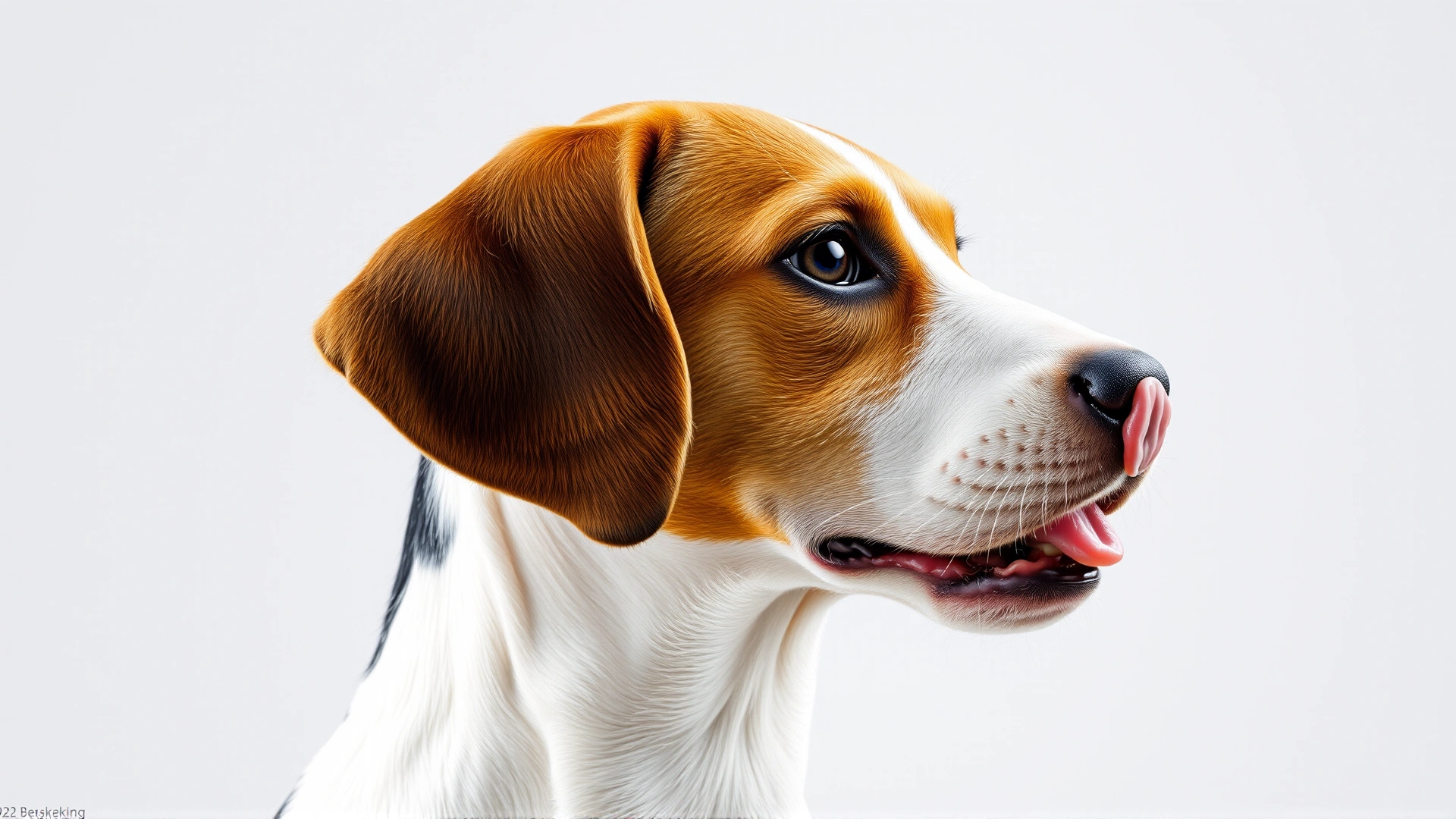 Side profile of a beagle licking its lips with a small string of drool, neutral background