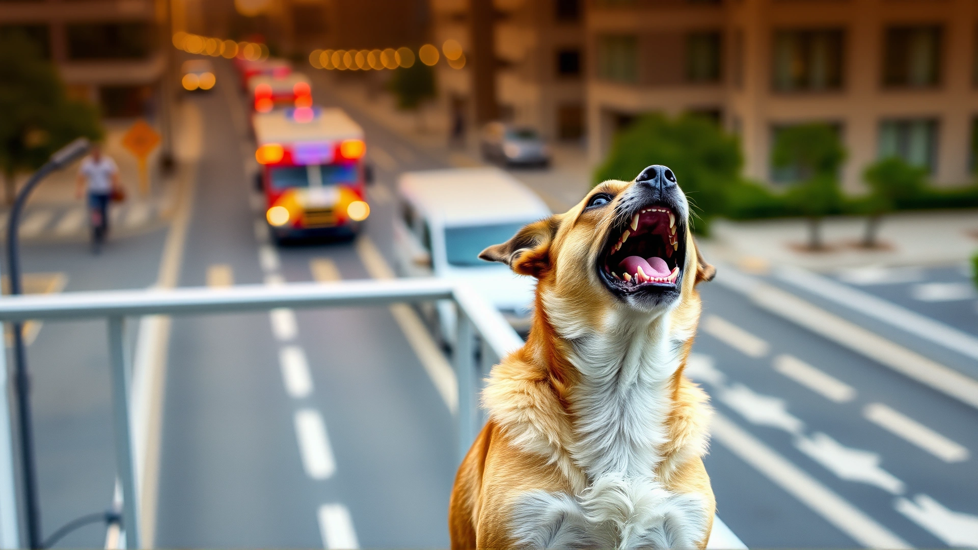 Urban scene showing a dog on a balcony howling in response to a distant ambulance siren; city street blurred in background.