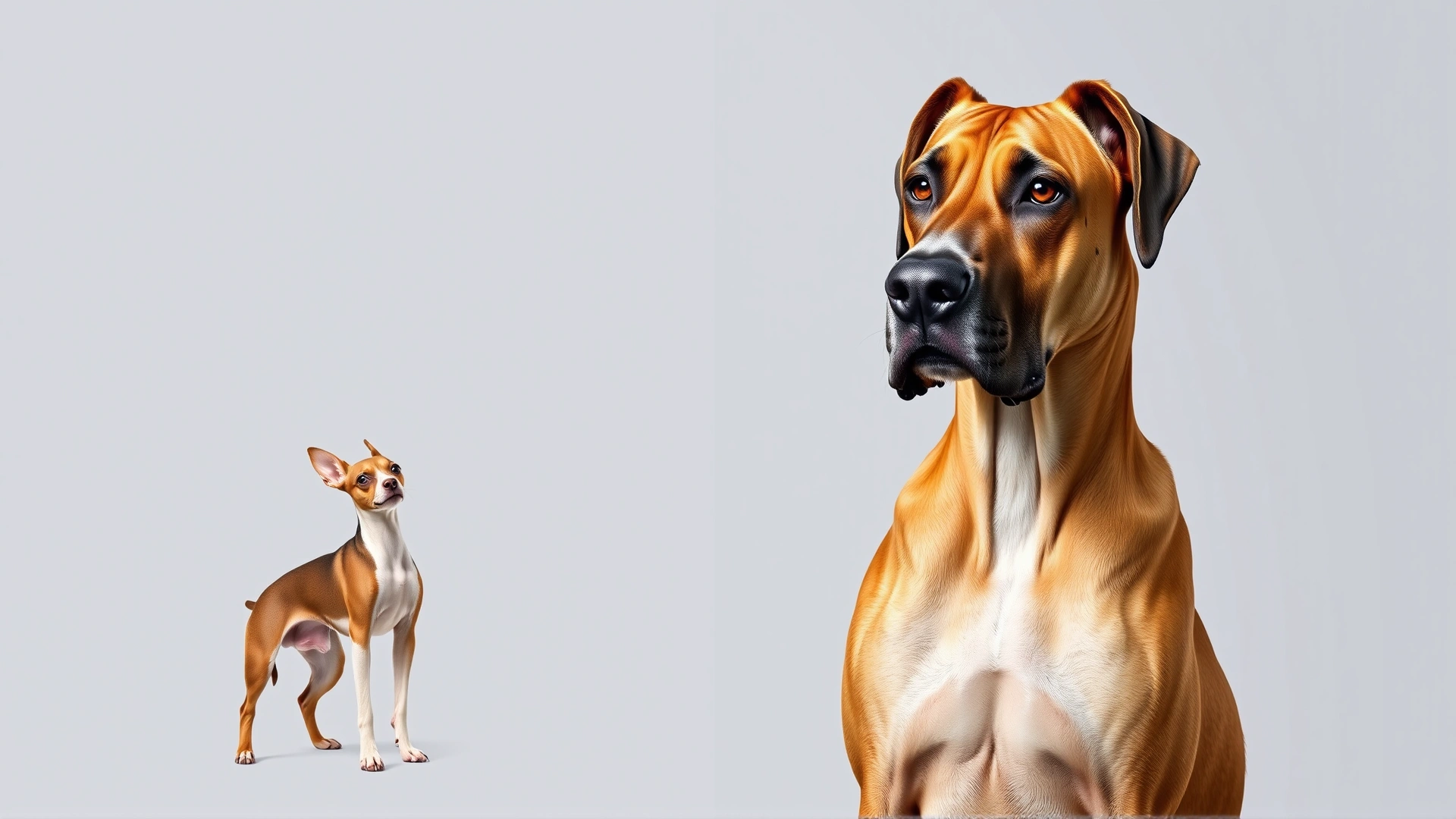 Side-by-side portrait showing a tiny Chihuahua standing next to a towering Great Dane against a neutral backdrop to illustrate size differences.