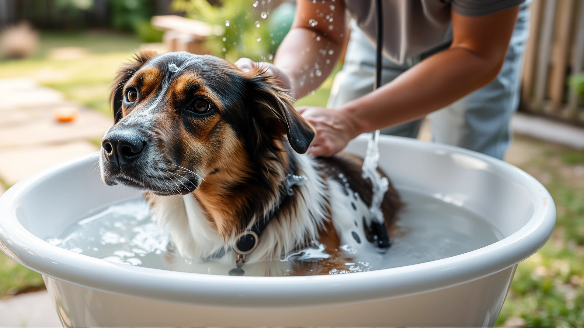 Medium-sized dog with visible mild skin irritation receiving a medicated bath from its owner in a backyard