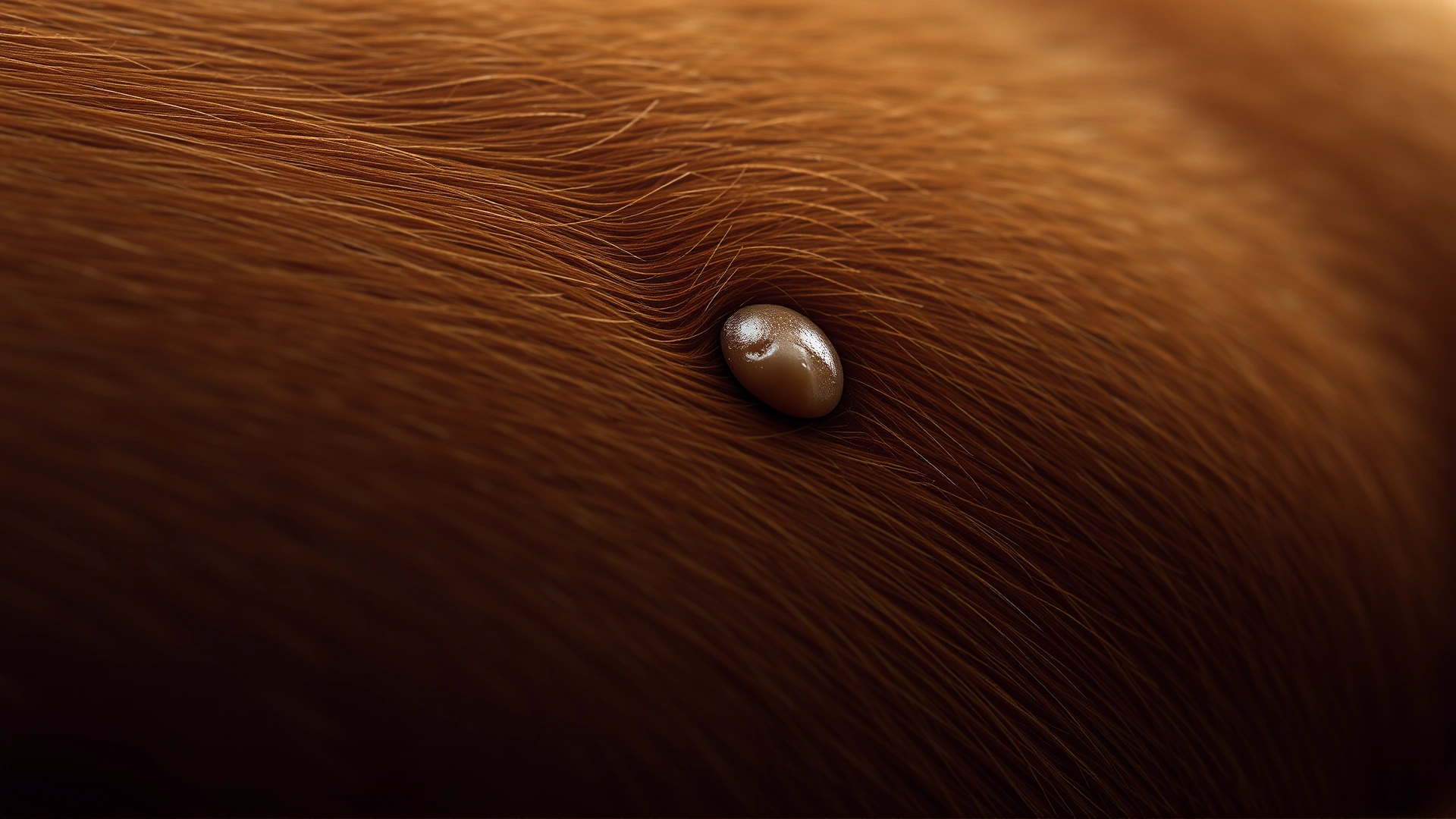 Macro shot of a dog's shoulder showing a small raised skin nodule, clear detail of fur and lump texture, no text