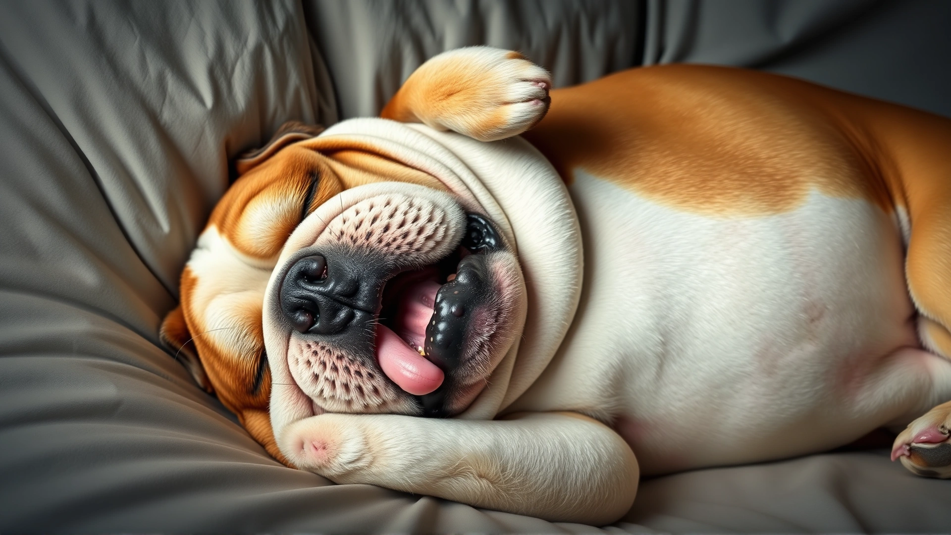 English bulldog sleeping on its back with mouth open and tongue out, conveying loud snoring and sleep apnea