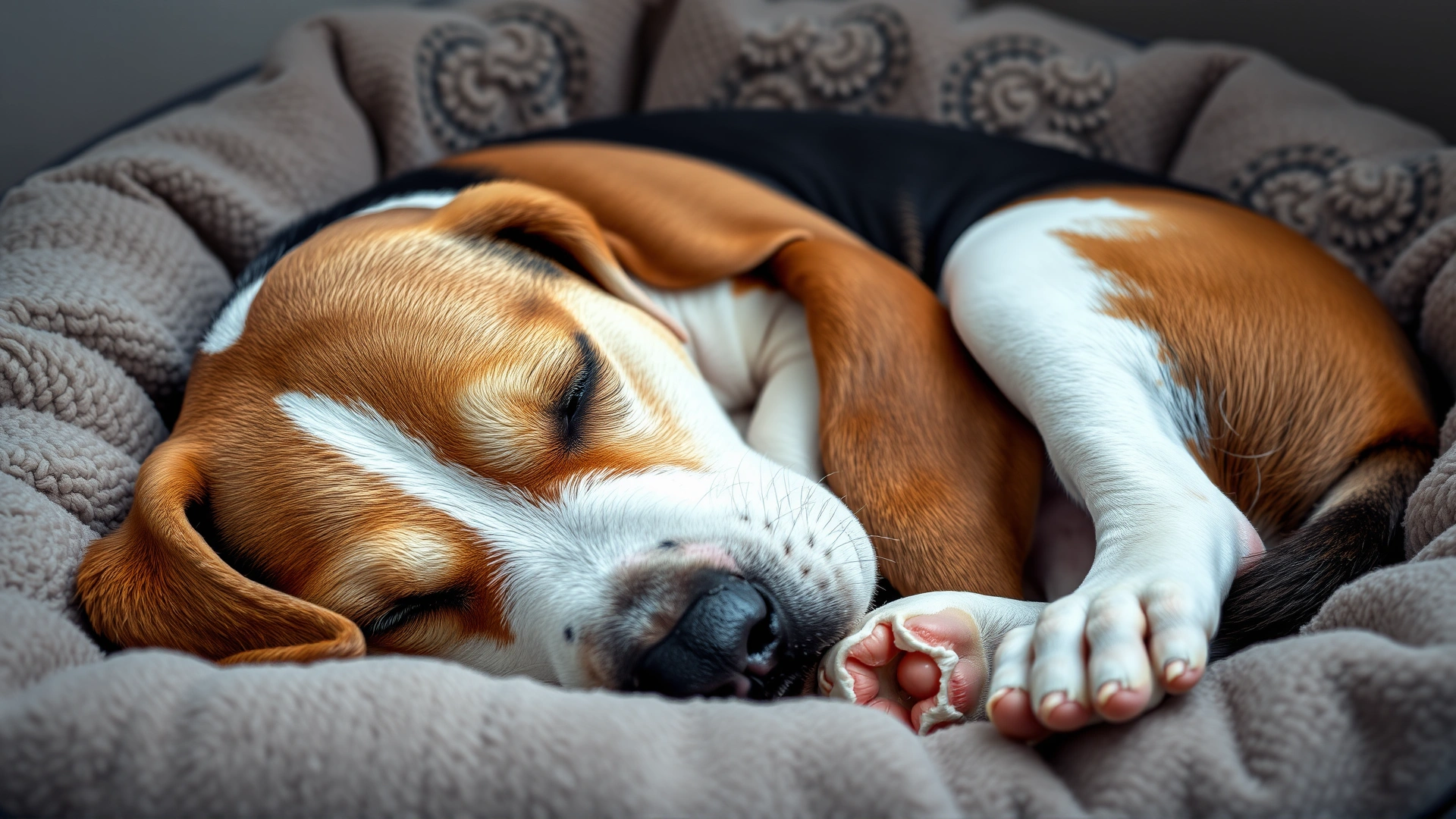 A sleepy Beagle curled up in a dog bed, eyes half closed, demonstrating mild sedation