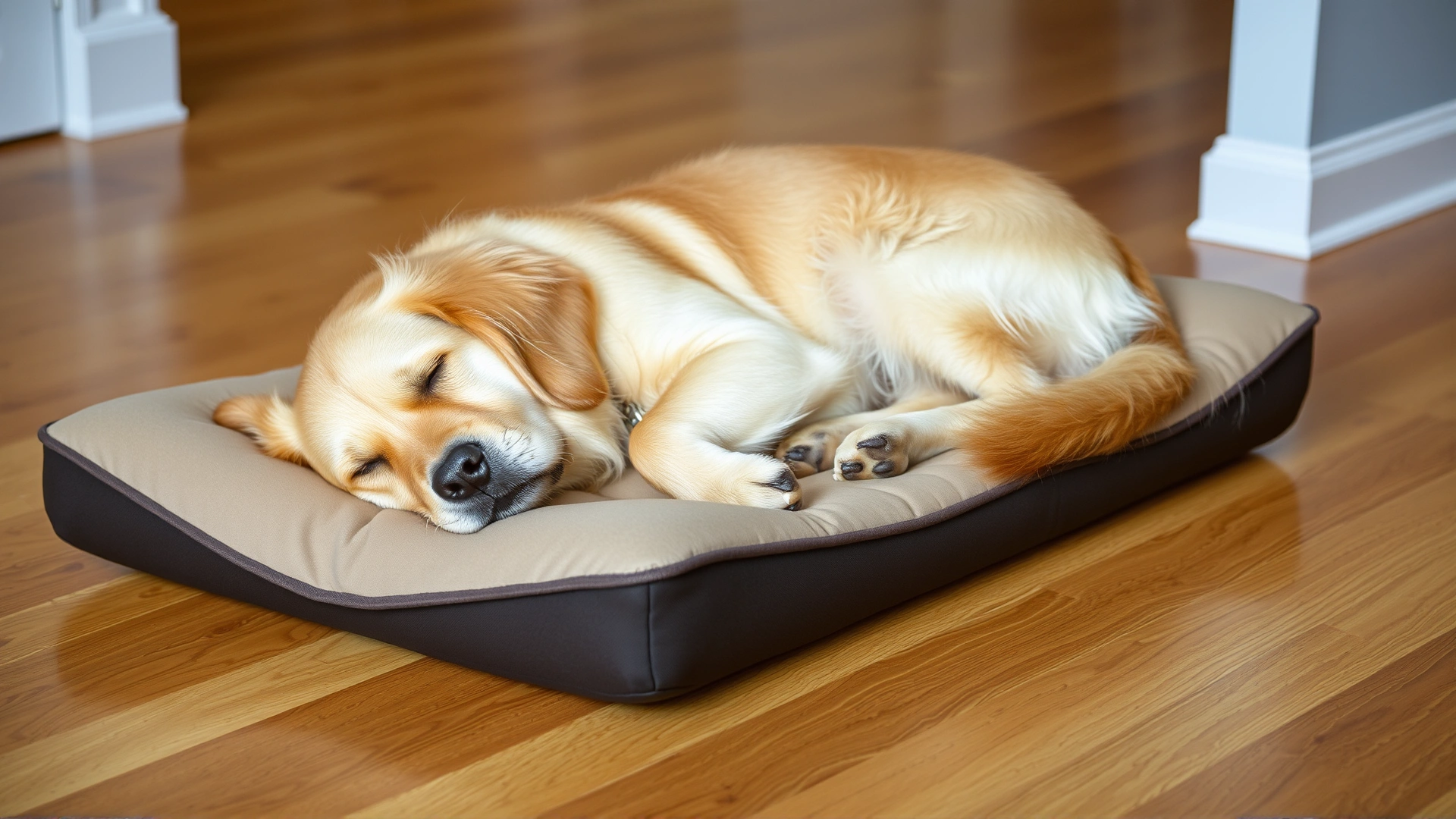 A senior golden retriever peacefully sleeping on a thick orthopedic bed with wood flooring background