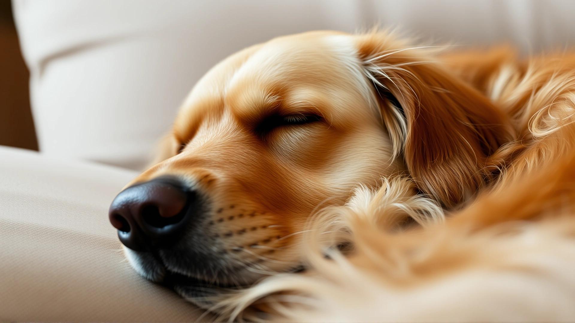 Close-up of a golden retriever peacefully asleep on a sofa, head slightly tilted, representing common dog snoring, warm indoor lighting.
