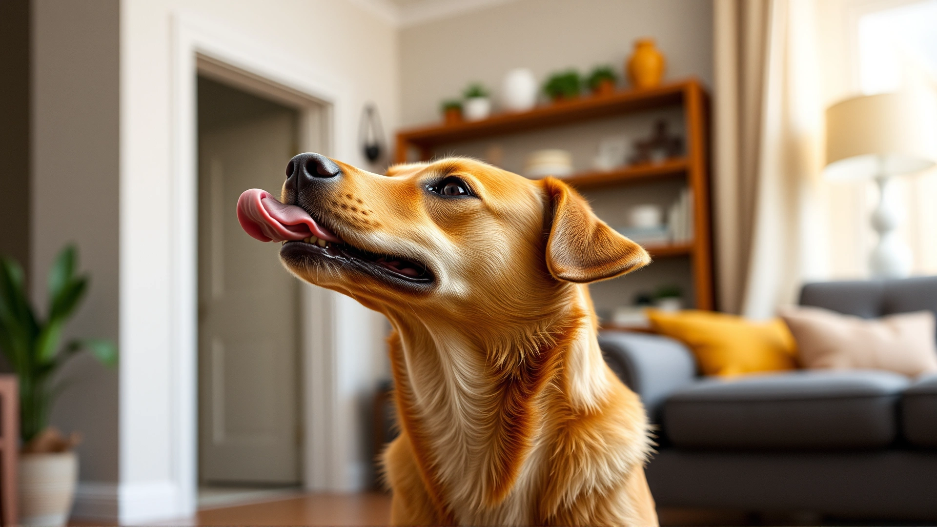 Indoor scene: a dog standing in a living room with its nose up and tongue slightly out as if licking the air; soft ambient lighting, no text.