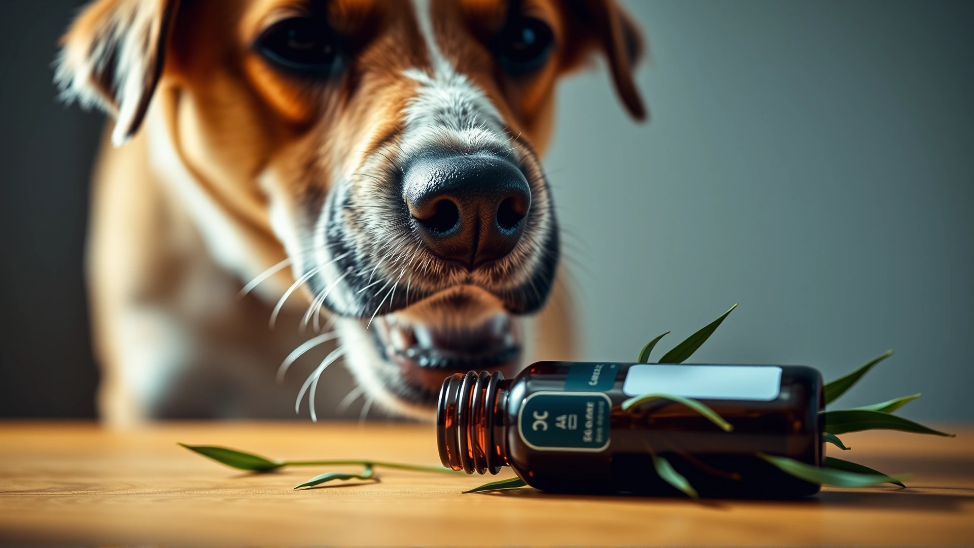 Close-up of a medium-sized dog sniffing an open amber essential-oil bottle placed on a table, with green tea tree leaves beside the bottle; shallow depth of field, warm lighting
