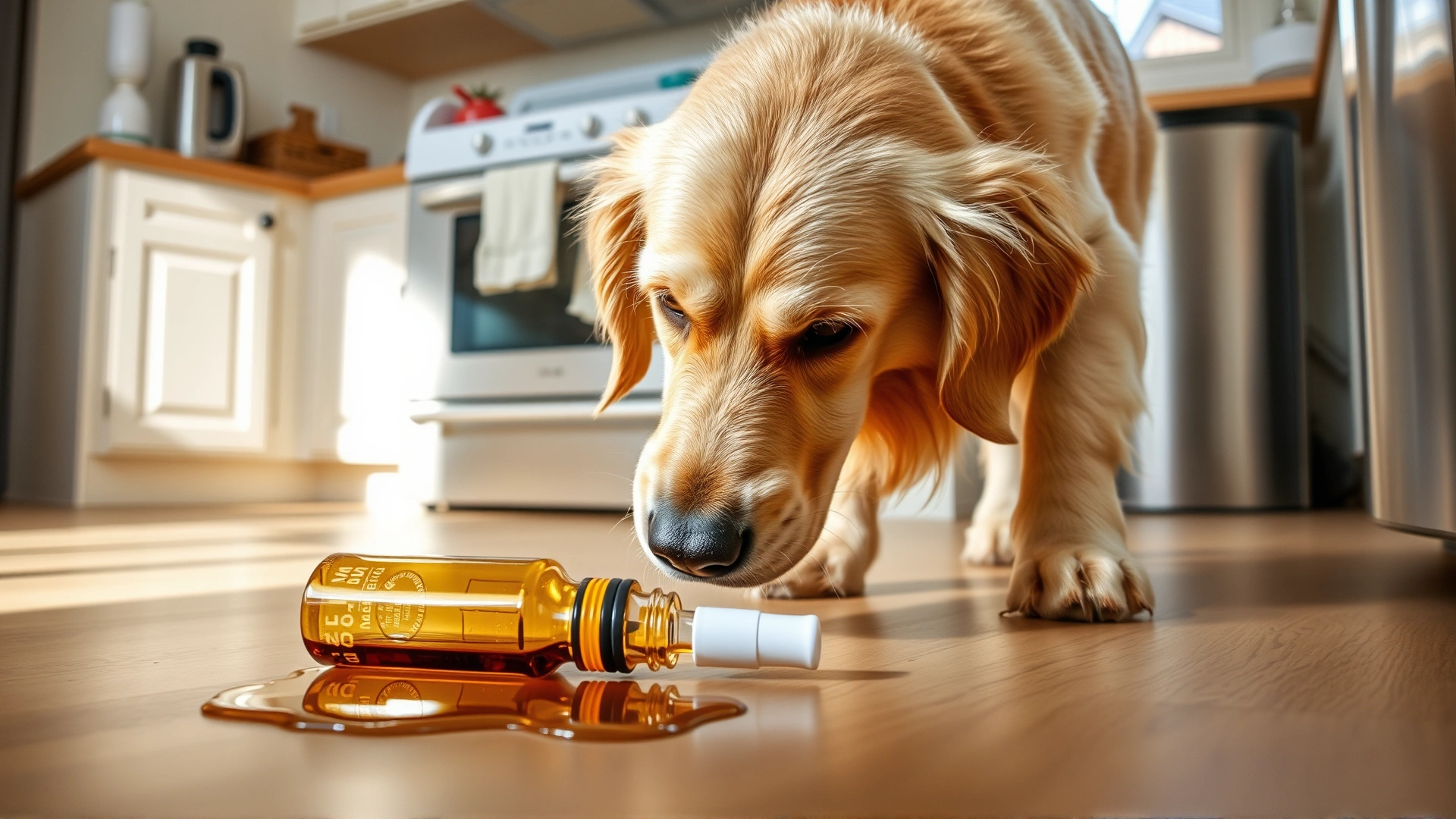 Curious golden retriever sniffing a spilled e-liquid bottle on a kitchen floor, bright daylight, no text.