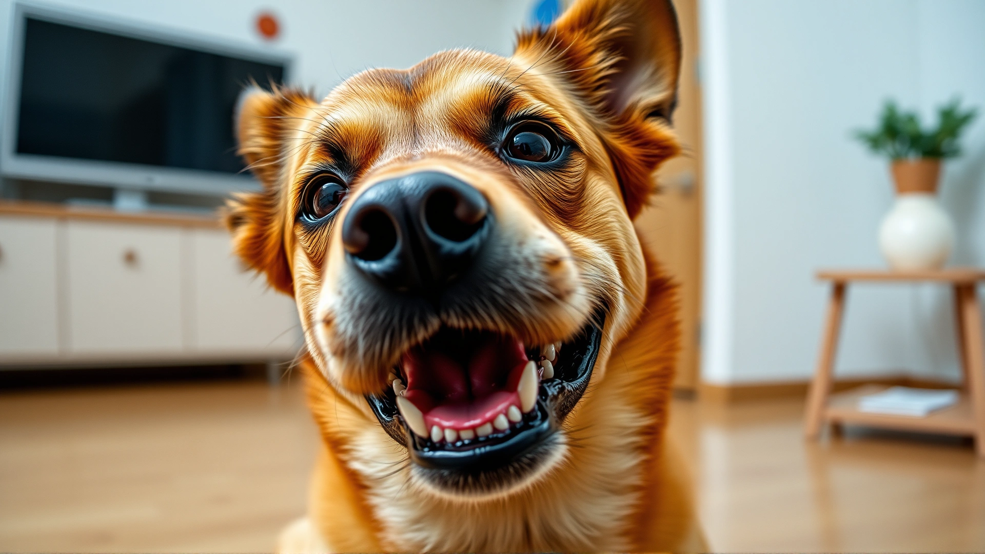 Playful dog showing its clean teeth while looking at the camera, indoor setting, bright and cheerful mood