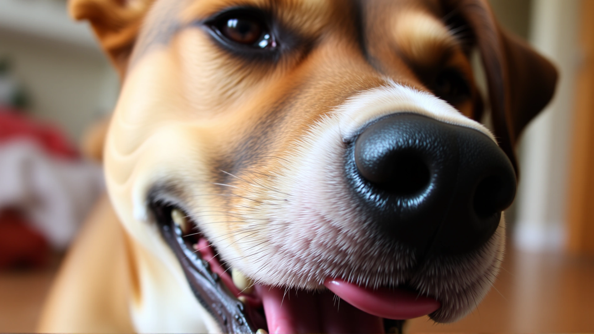 Close-up of a dog showing a submissive grin with lips slightly pulled back, eyes soft, indoor setting.