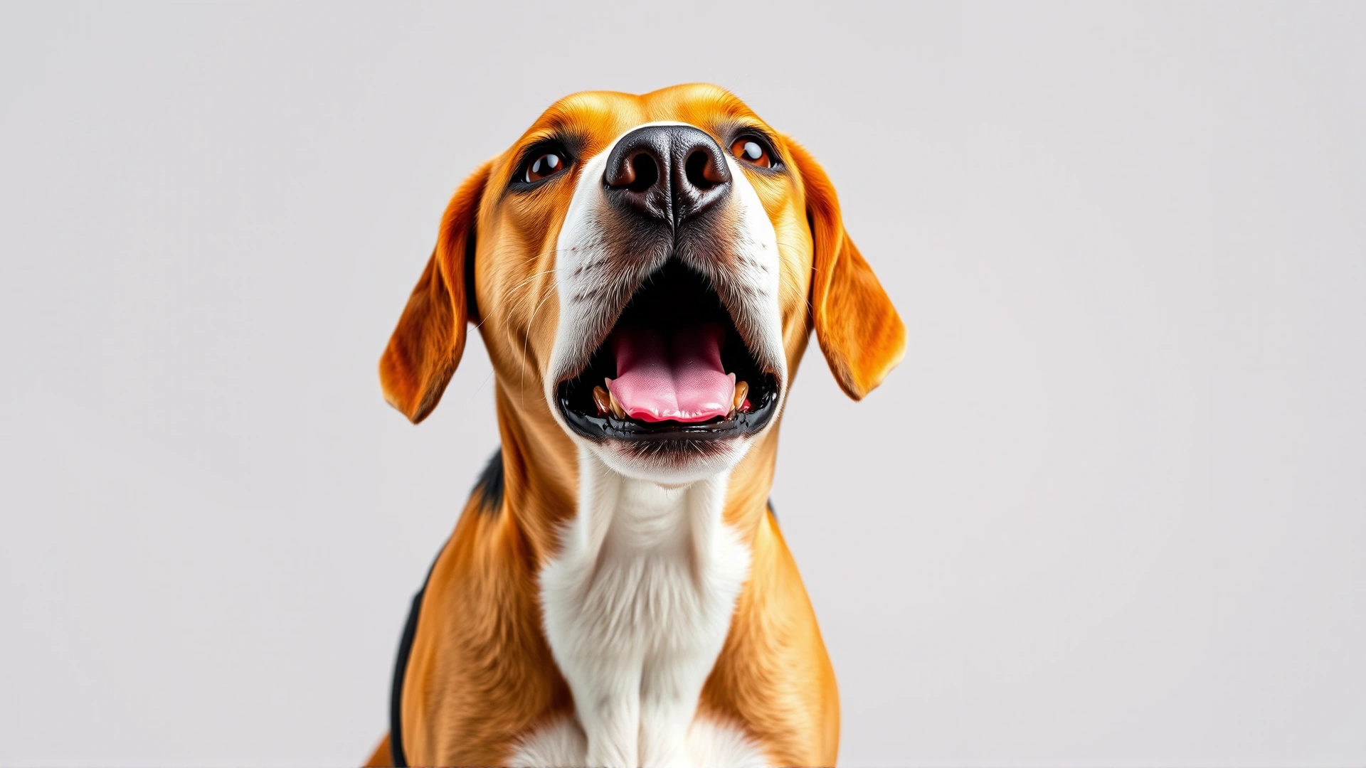 Medium-shot of a beagle dog standing with neck extended and nostrils flared, caught in the middle of a reverse sneeze, plain neutral background, high-resolution