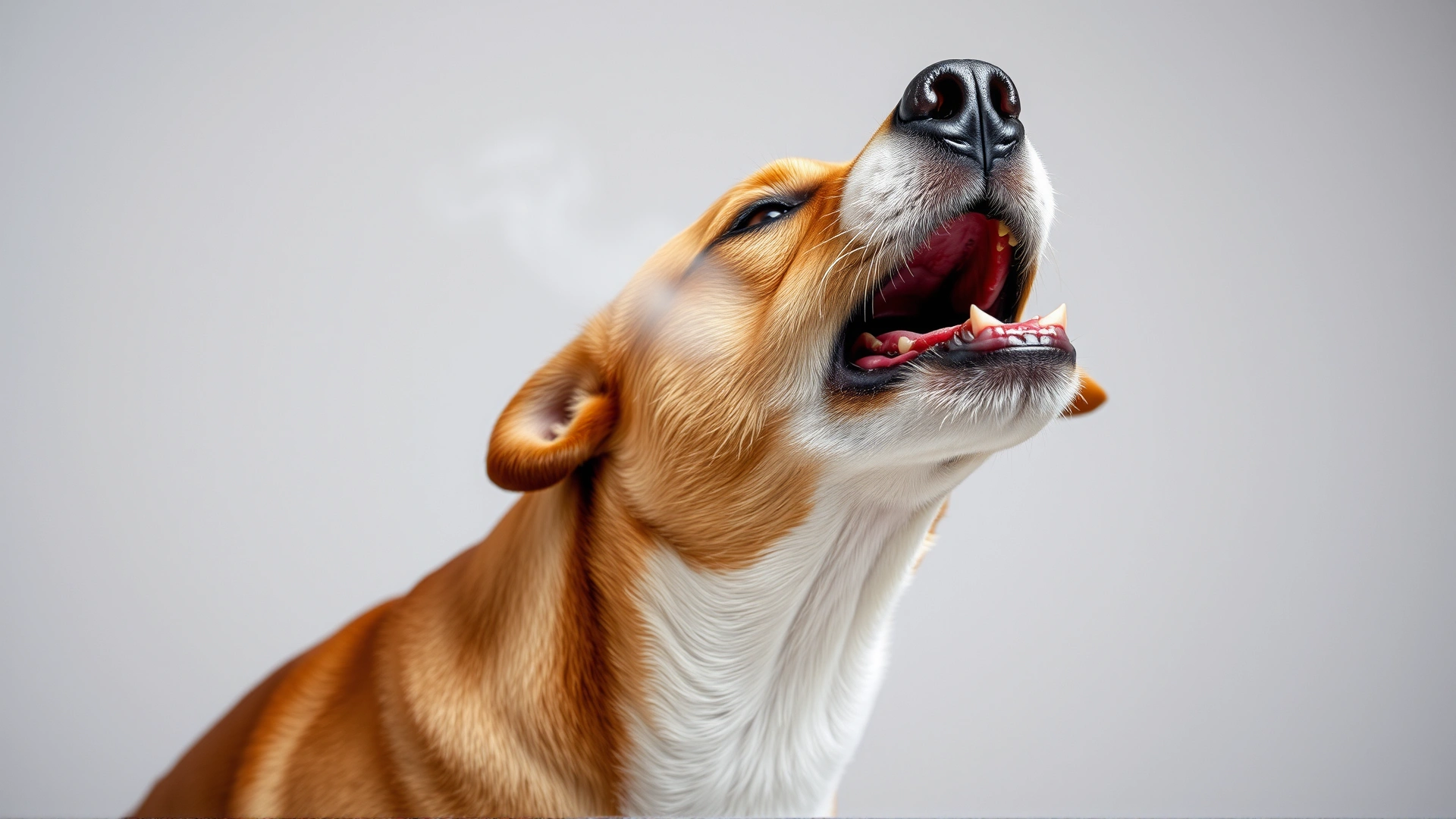 Medium shot of a dog in mid-sneeze, with visible spray, against a neutral background to illustrate contagion