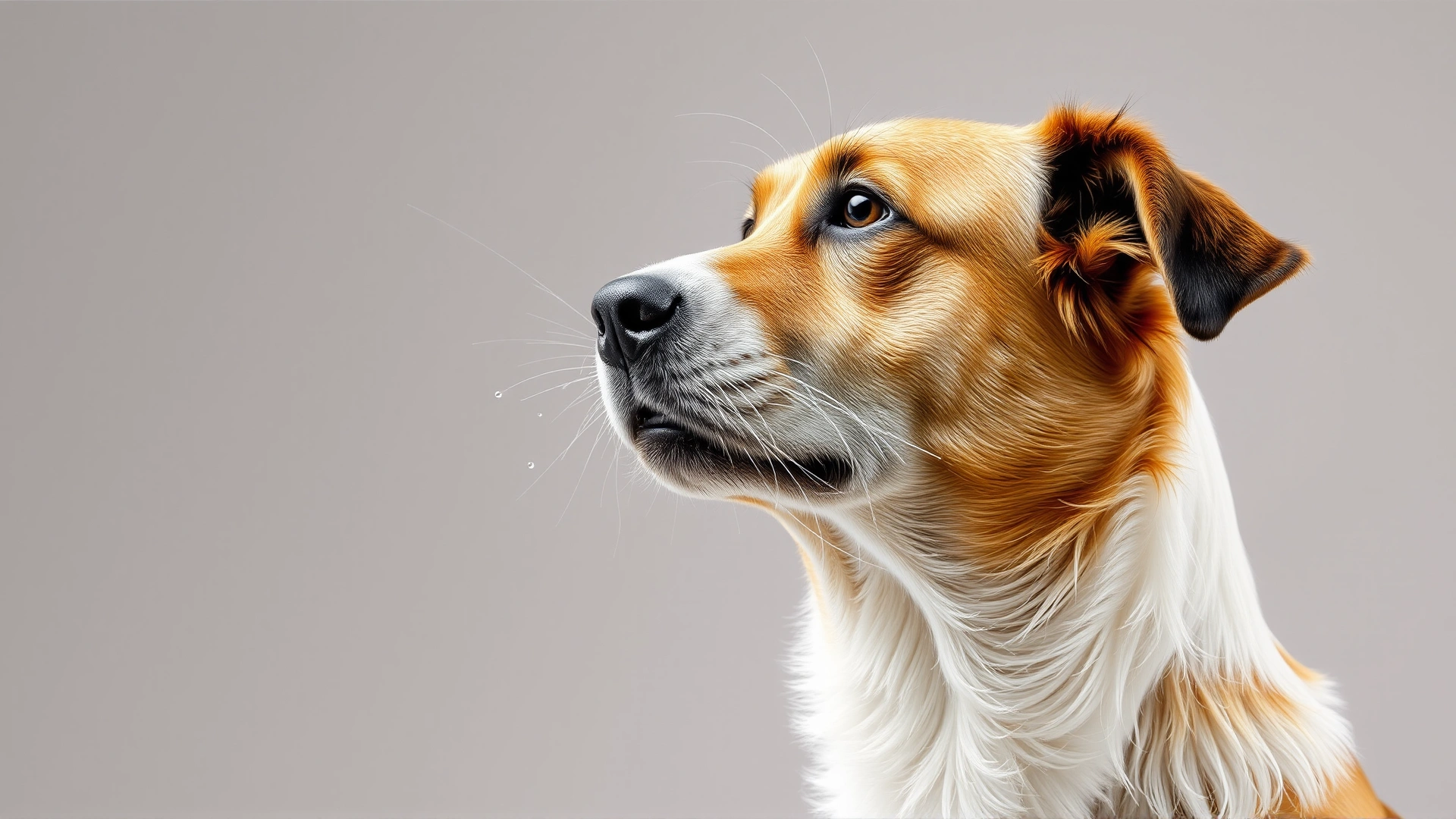 Action shot of a medium-sized dog caught mid-sneeze, droplets visible, neutral background, high-speed photography