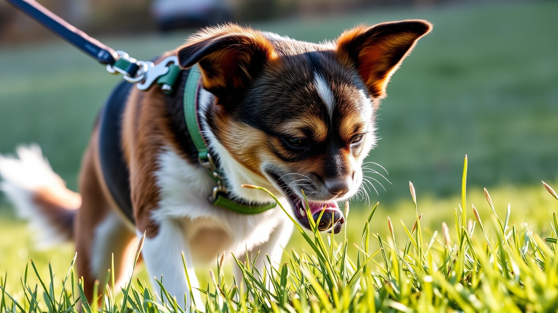 Dog eagerly sniffing the grass while on leash, illustrating the natural reward used in Premack Principle