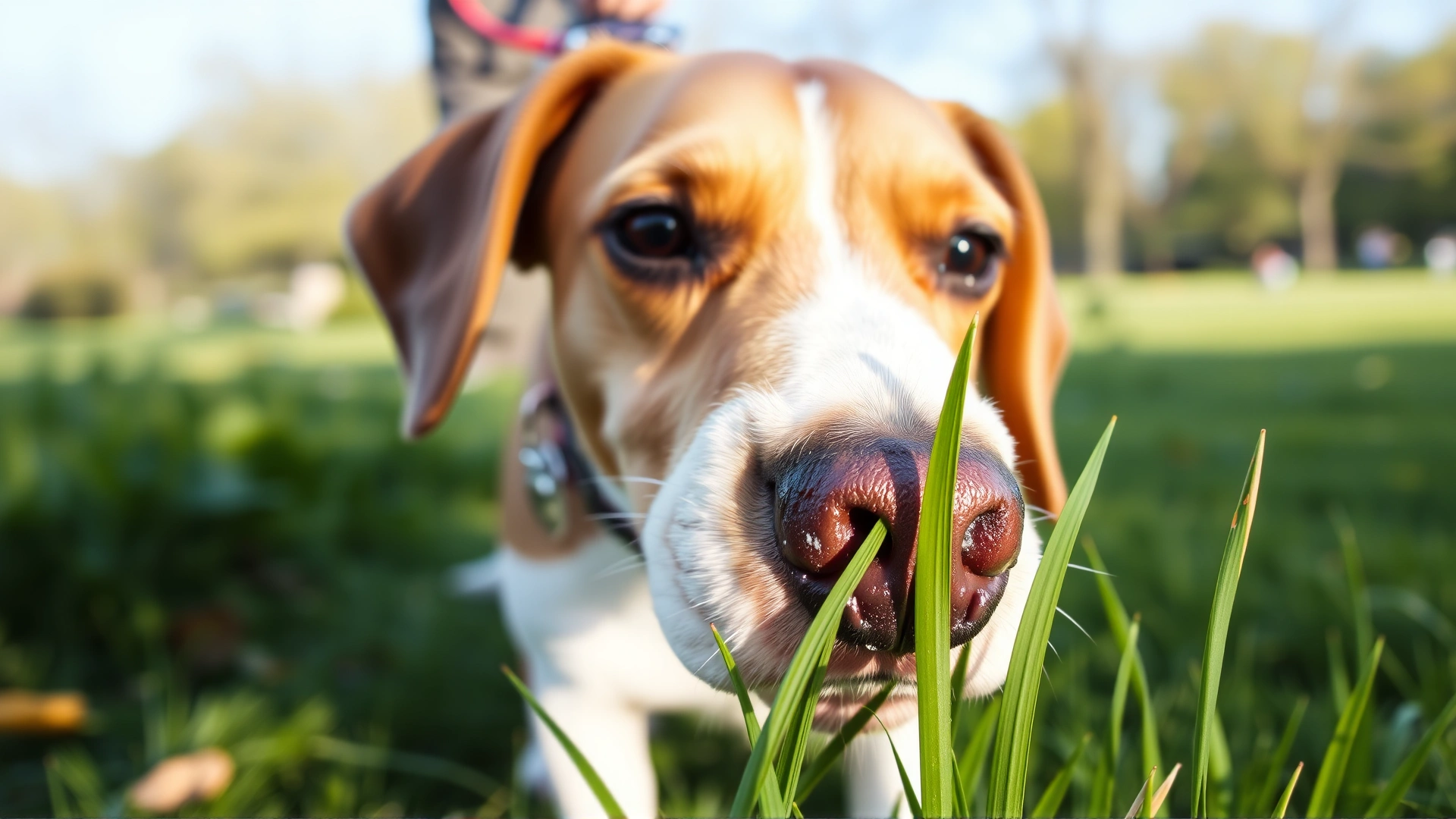 Close-up of a beagle sniffing fresh green grass while on a leash in a park setting. Morning light, shallow depth of field emphasizing the dog's nose.