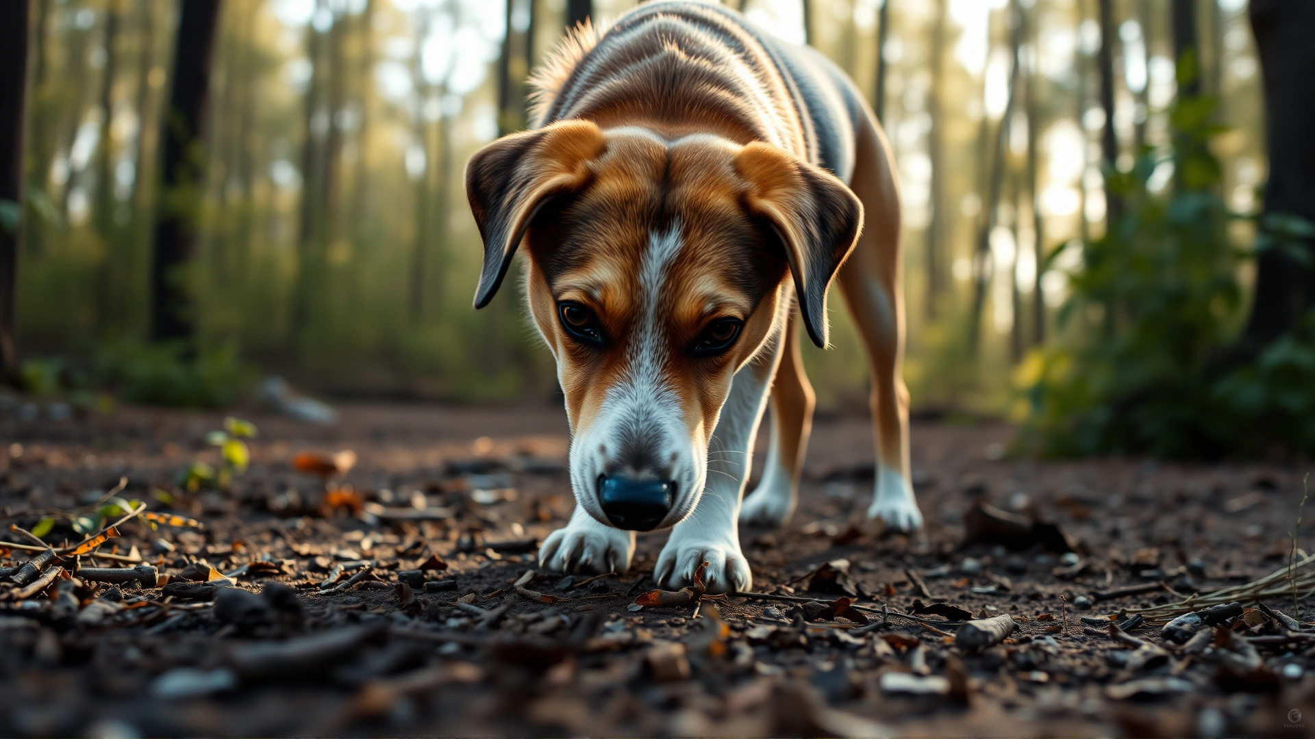 Curious dog with nose to the ground in a forest clearing, highlighting scent-driven behavior, early morning light, realistic style