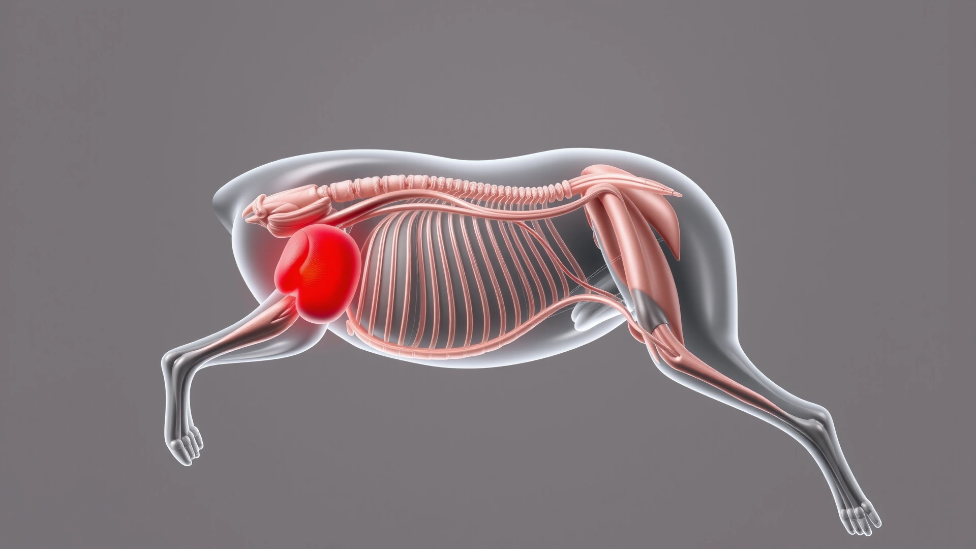 Illustration of a dog's internal anatomy highlighting the spleen location in red