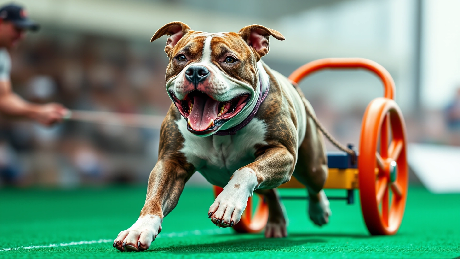 American Pit Bull Terrier enthusiastically pulling a light-weight sled during a weight-pulling competition