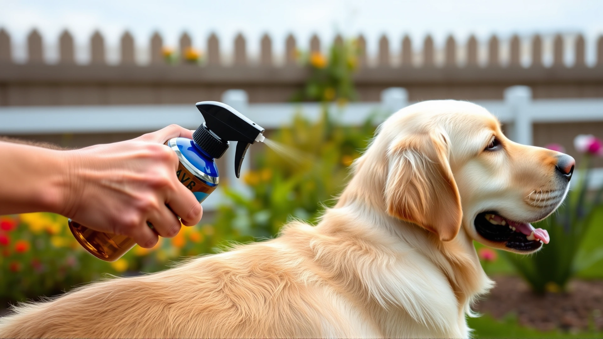 Owner’s hand using a spray bottle on a calm golden retriever’s back in a garden, illustrating topical ACV application.