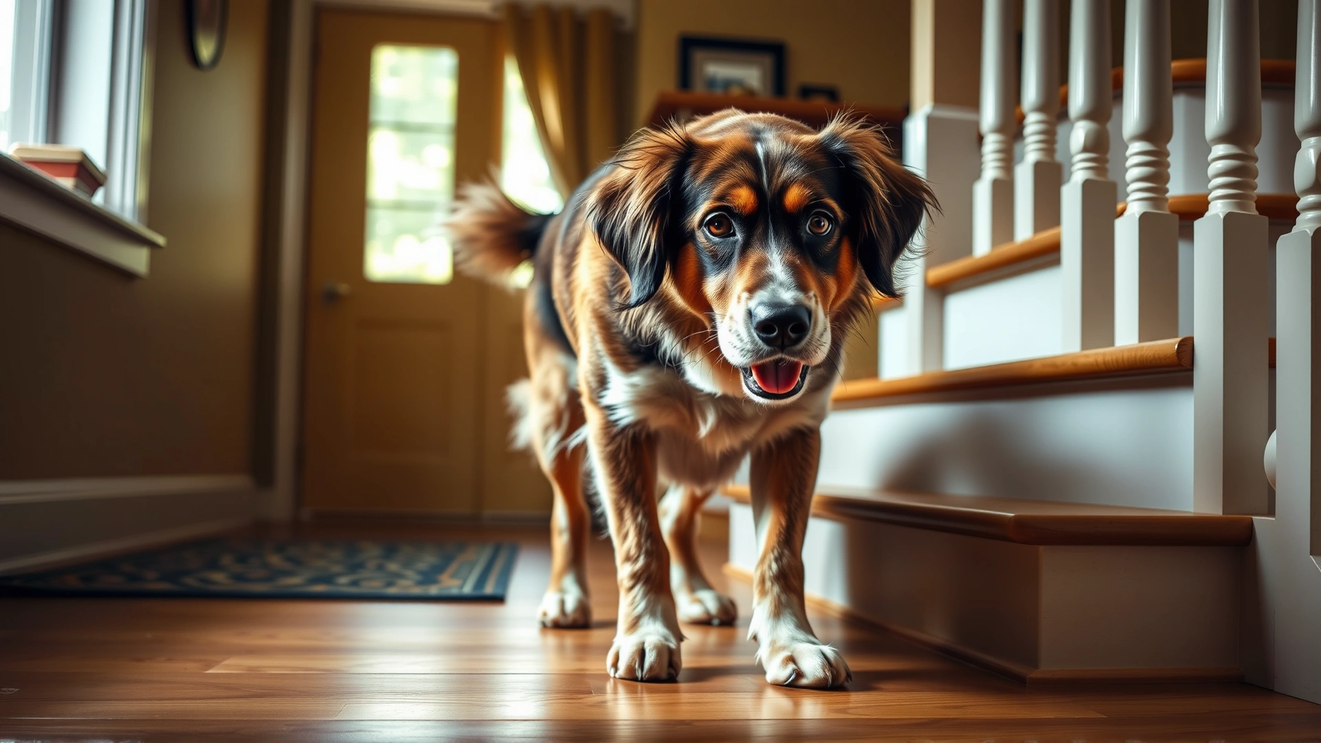 A senior dog hesitating at the bottom of a staircase, shot indoors in warm natural light to illustrate difficulty in mobility