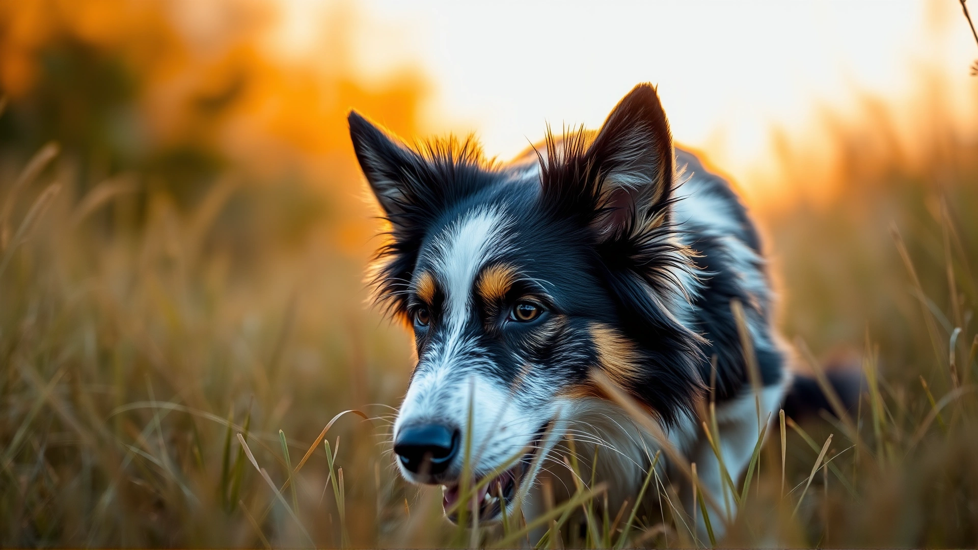Close-up of a focused Border Collie crouching low while stalking in tall grass during golden hour, realistic, no text