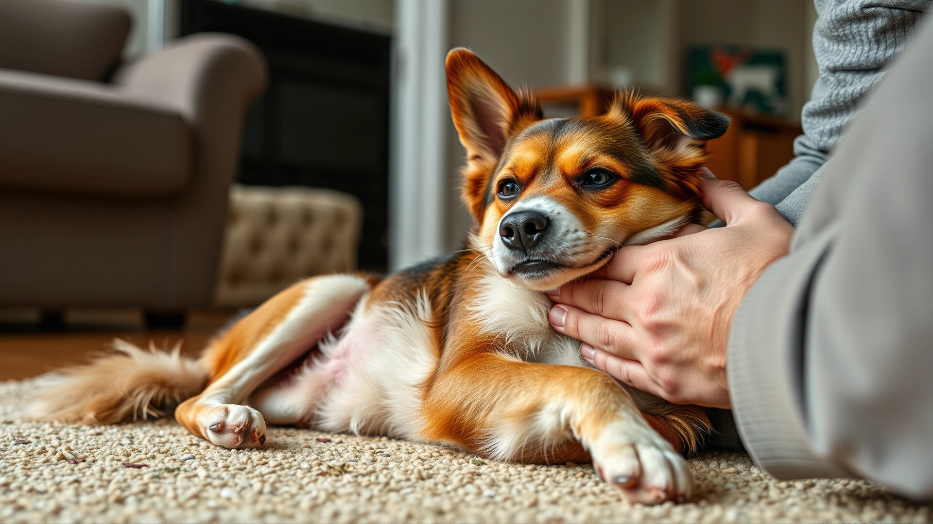 Small mixed-breed dog lying on its side looking uncomfortable while owner gently rubs its belly, living room scene, no text