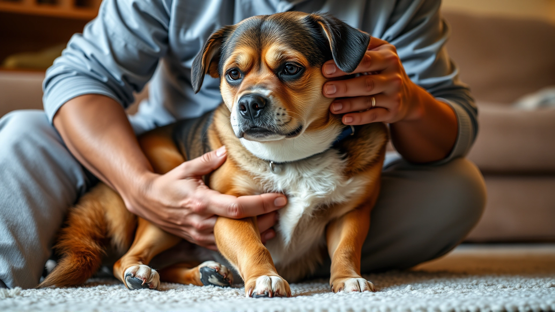 A worried dog owner gently comforting a medium-sized dog that looks slightly uncomfortable, focusing on the dog's abdomen area, living room background, warm lighting
