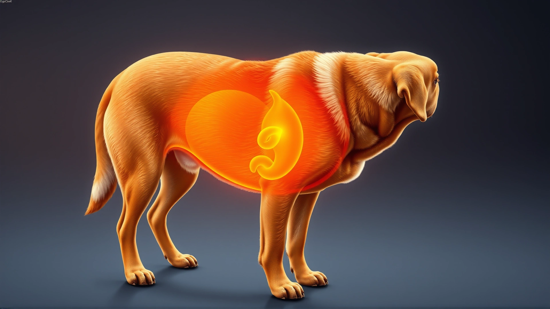 Illustration of a medium-sized dog in profile with a glowing stomach overlay representing healthy digestion