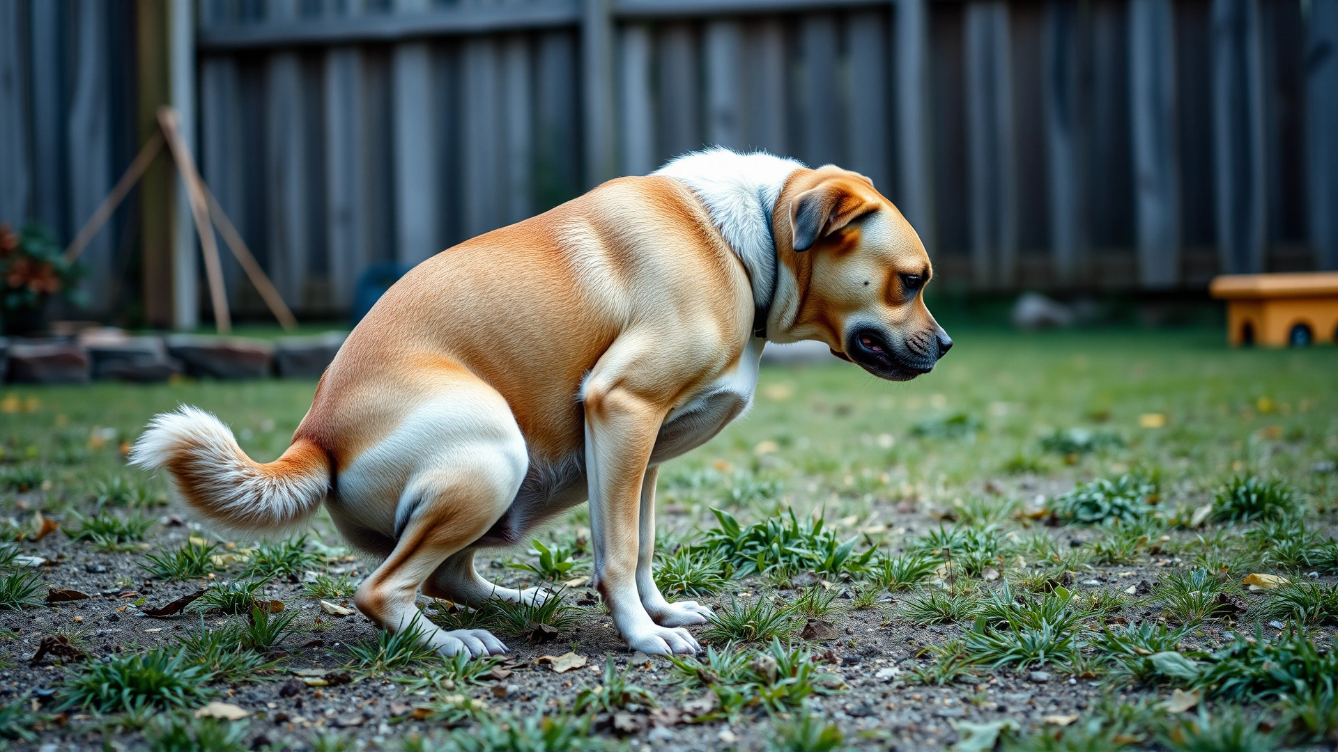 Photo of a dog in a backyard squatting uncomfortably to urinate, showing visible effort or strain, captured from a respectful distance.