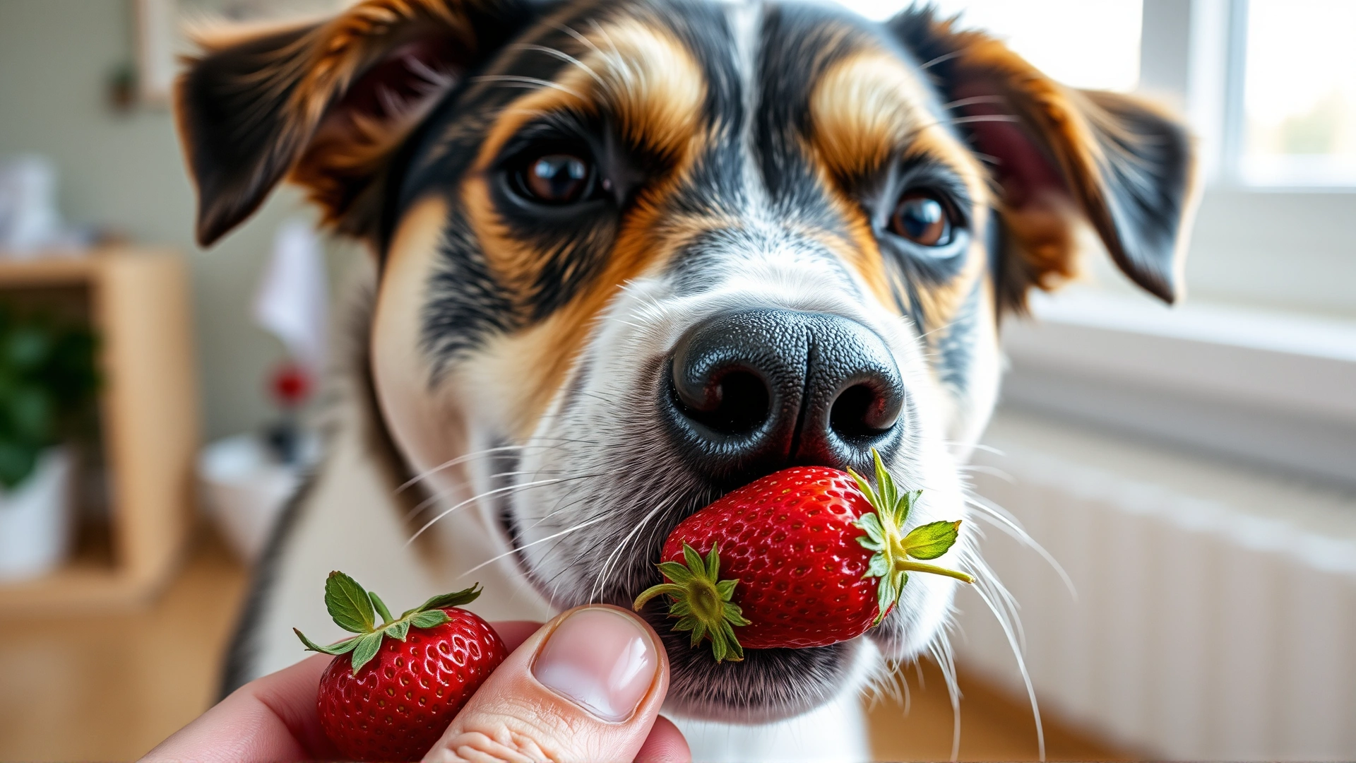 Close-up of a mixed-breed dog sniffing a ripe strawberry held by its owner indoors under natural light