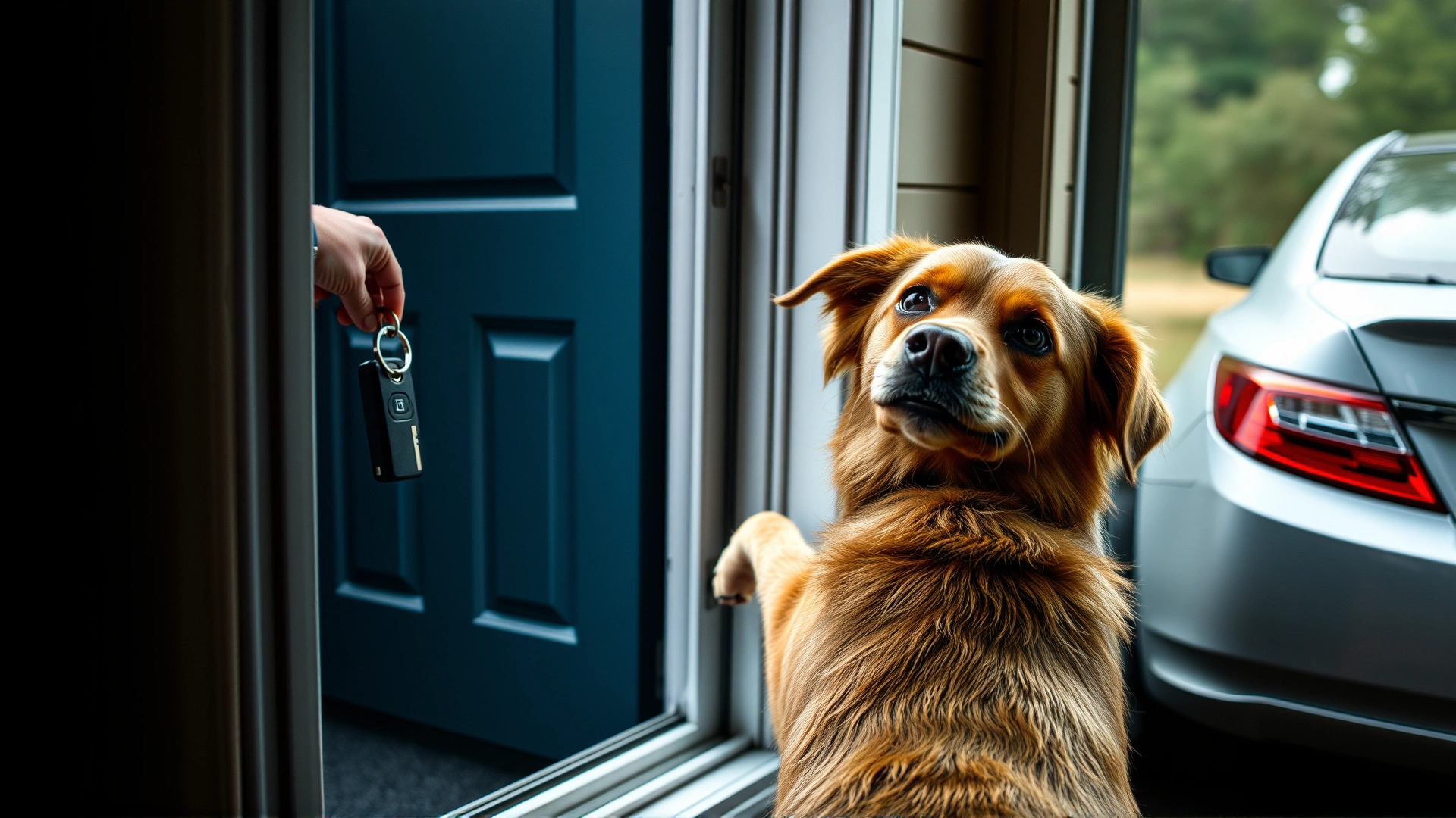 A nervous dog pacing near a window as its owner grabs car keys and heads for the door