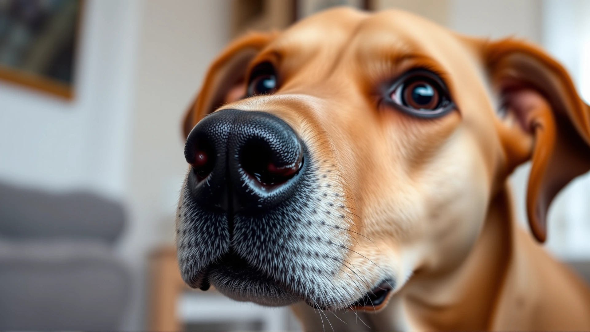 Close-up of a dog's face showing stress—wide eyes, slightly open mouth, and flattened ears—indoors under soft lighting.