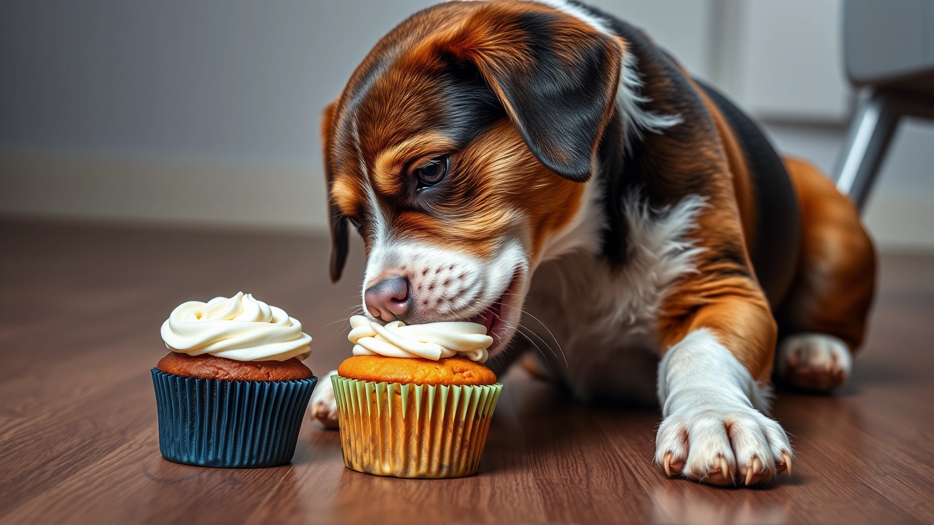 Dog licking icing off a small cupcake while sitting on the floor – captures immediate risk of dogs eating sugary foods.