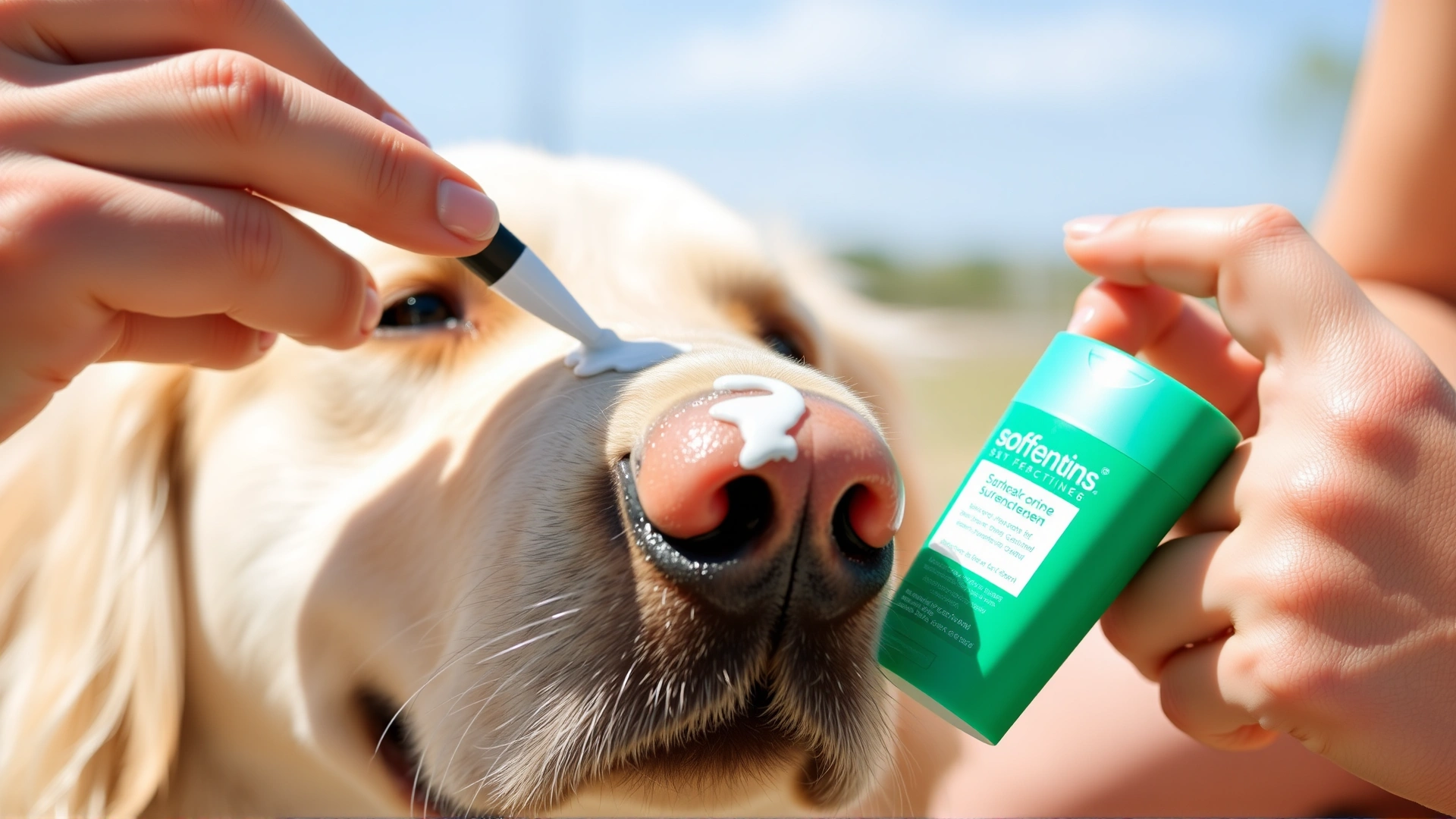 Close-up photo of a pet parent gently applying sunscreen on a Golden Retriever's pink nose on a sunny day, shallow depth of field