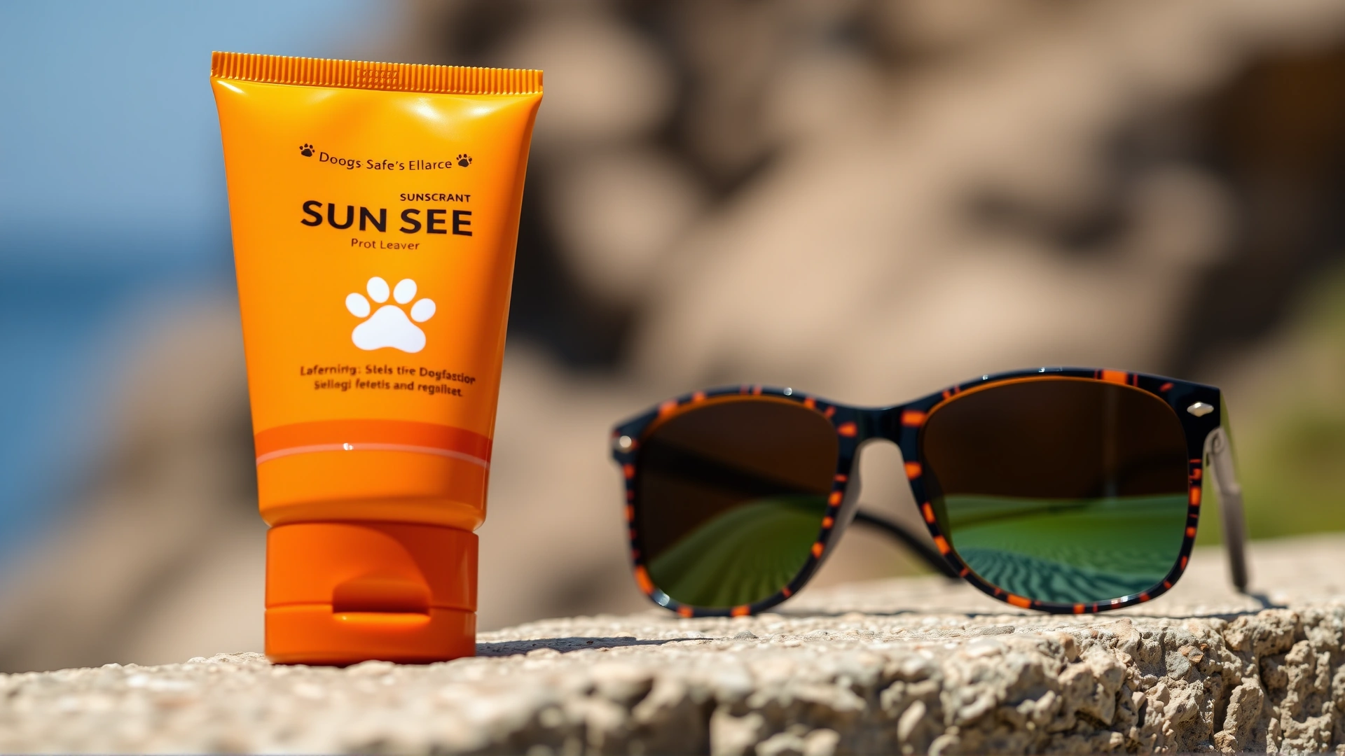 Tube of dog-safe sunscreen with paw print design resting on a sunny rock ledge beside sunglasses.