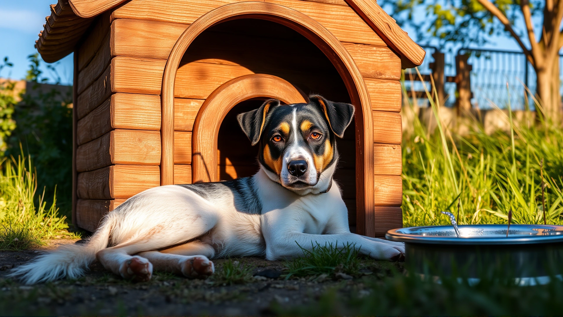 Dog lounging beside its dog house in the shade, with a water bowl nearby on a sunny afternoon.