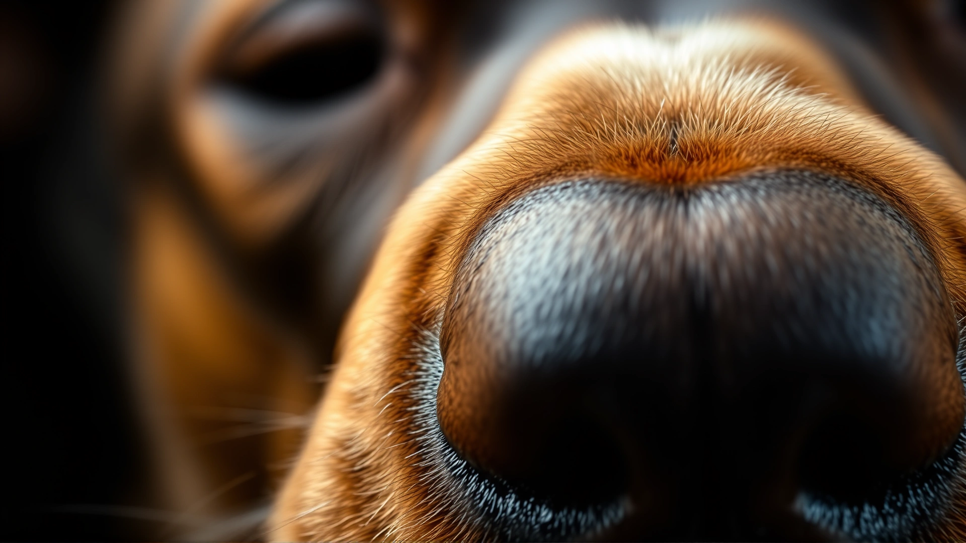 Extreme close-up macro shot of a dog’s moist nose with rich texture, representing the power of canine smell.