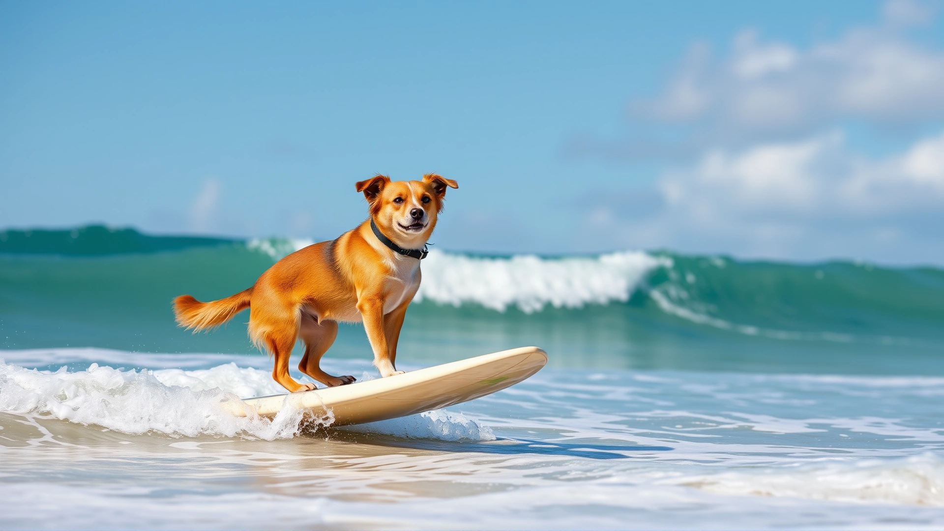 Medium-sized dog balancing confidently on a surfboard, mid-wave, bright sunny beach scenery