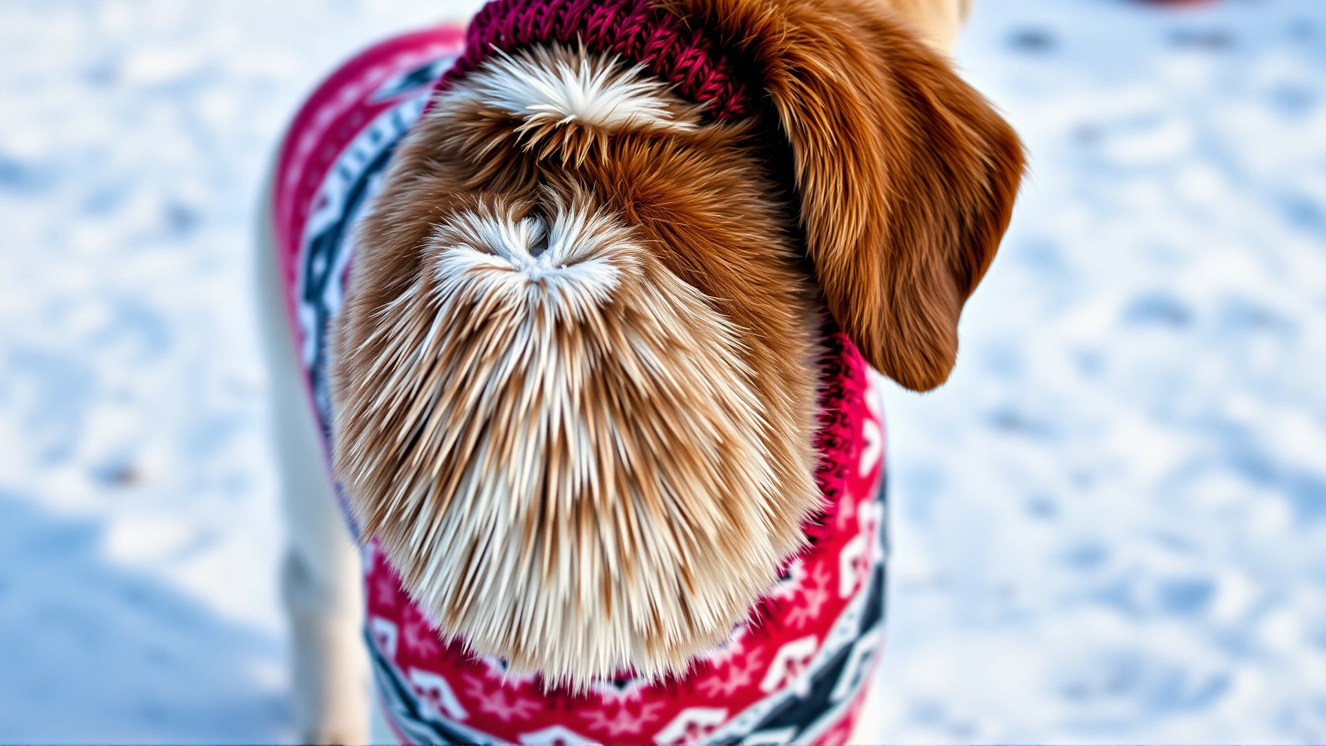 Close-up of a dog modeling a colorful wool sweater with snowflakes on its back, snow-covered ground in the background