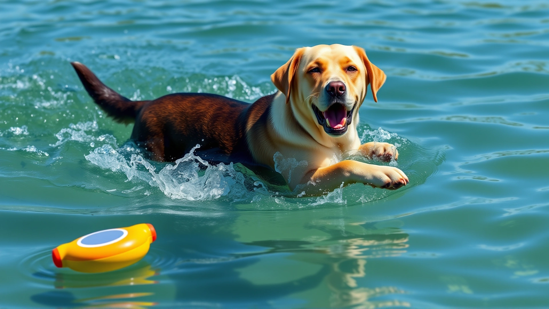 Labrador retriever swimming in a clear blue lake fetching a floating toy, with water splashing around.