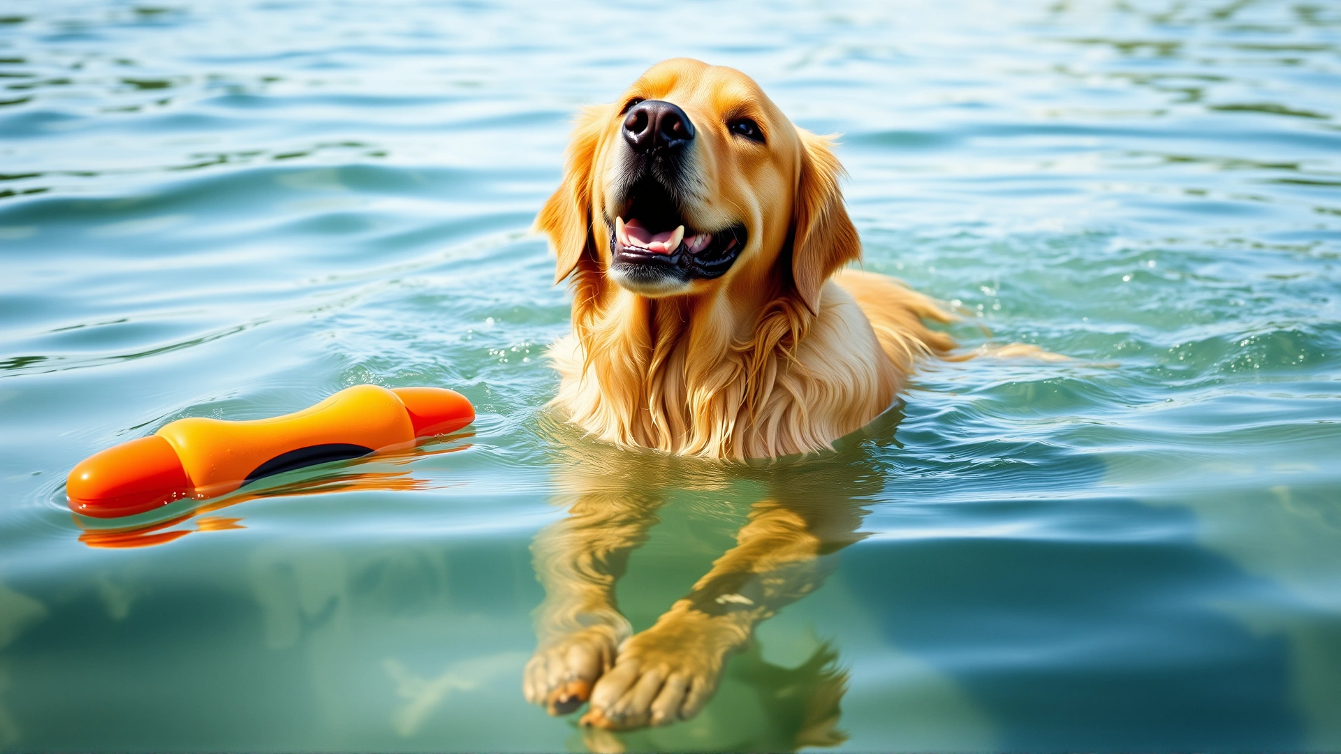Golden retriever swimming in a clear blue lake while fetching a floating toy