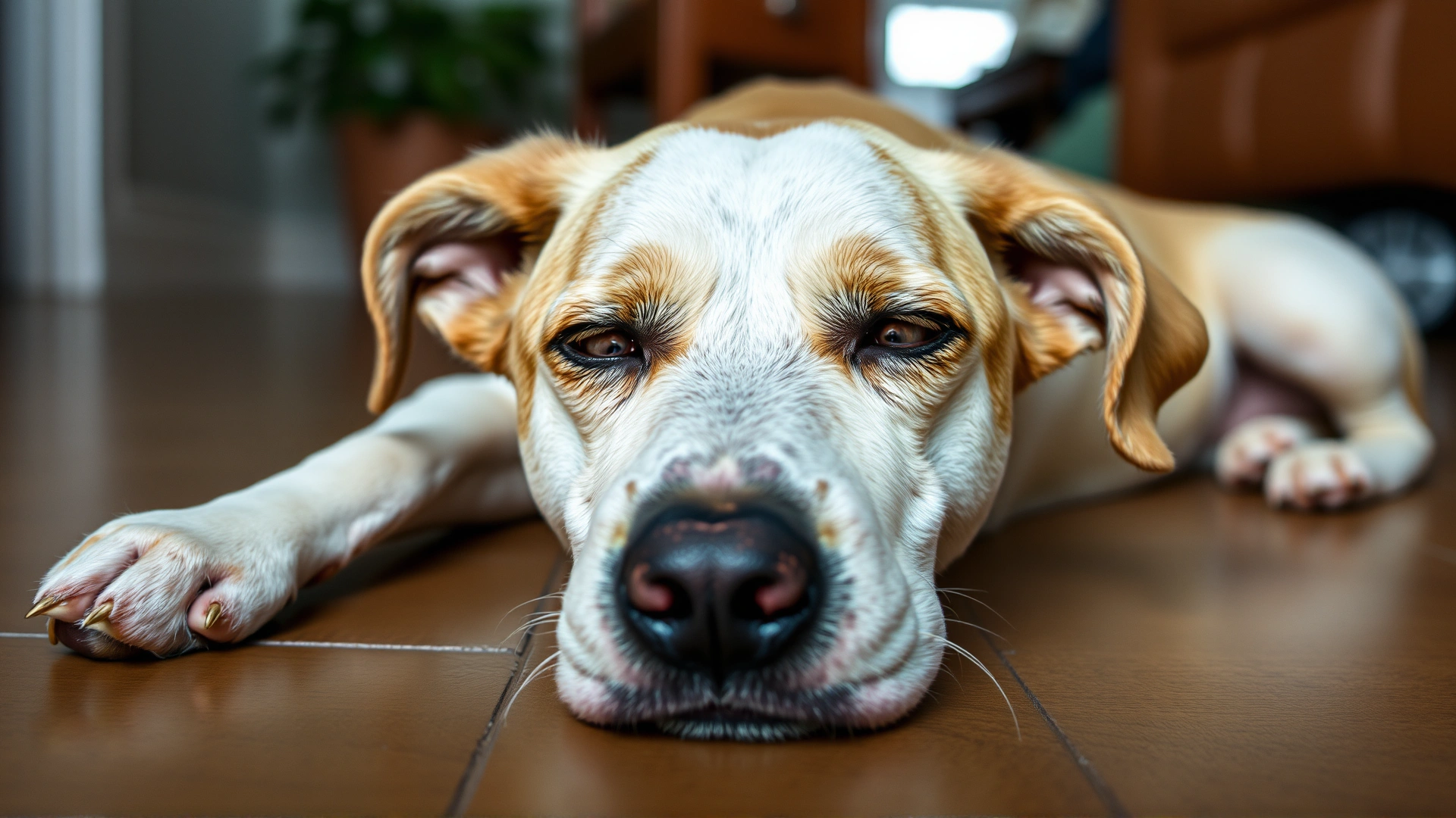 Fatigued dog with pale gums and drooping ears lying on the floor, demonstrating weakness and lethargy, indoor home environment